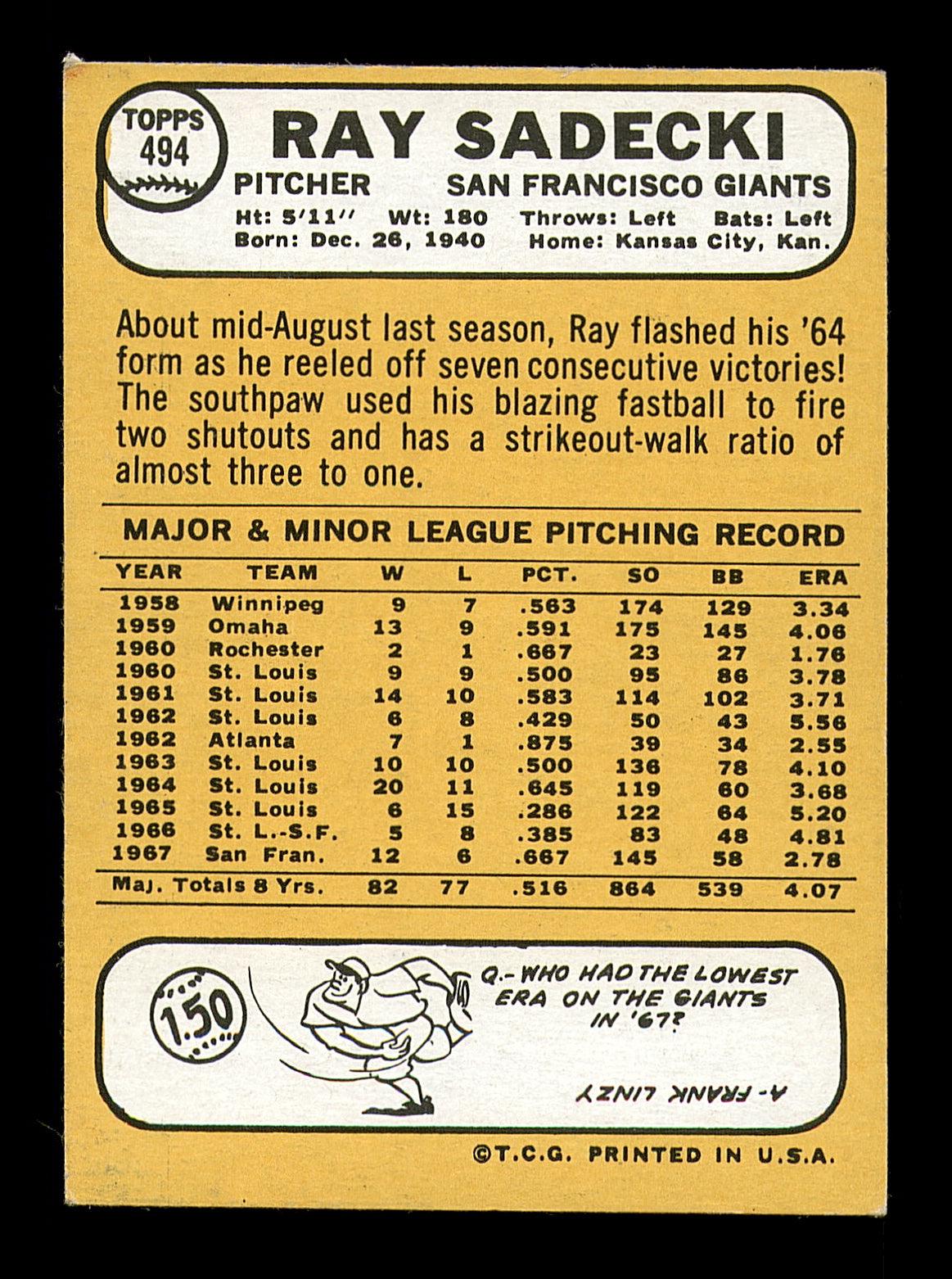 Ray Sadecki Autographed 1968 Topps Card #494 San Francisco Giants SKU #183086 - Image 2