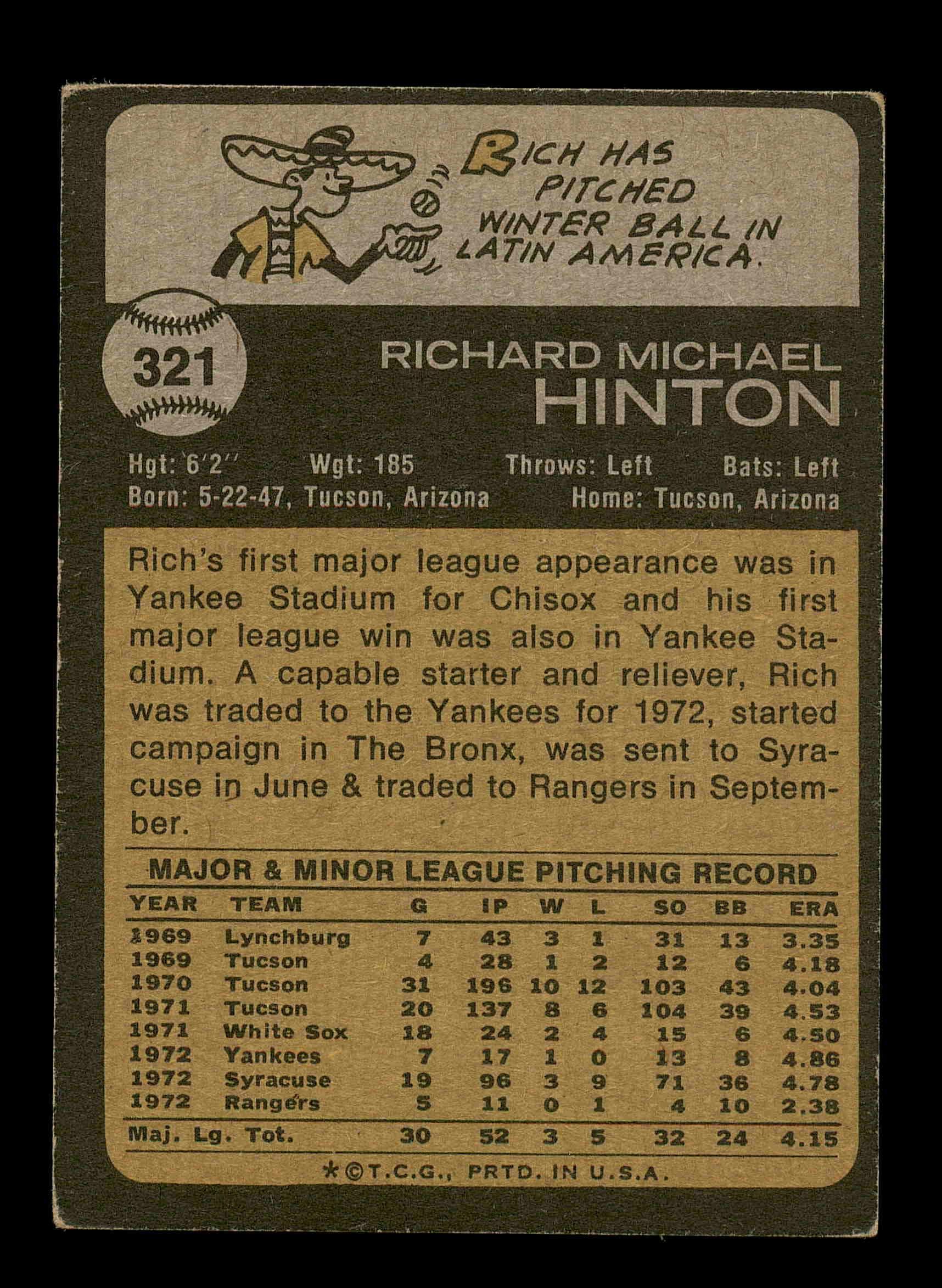 Rich Hinton Autographed 1973 Topps Card #321 Texas Rangers SKU #178697 - Image 2