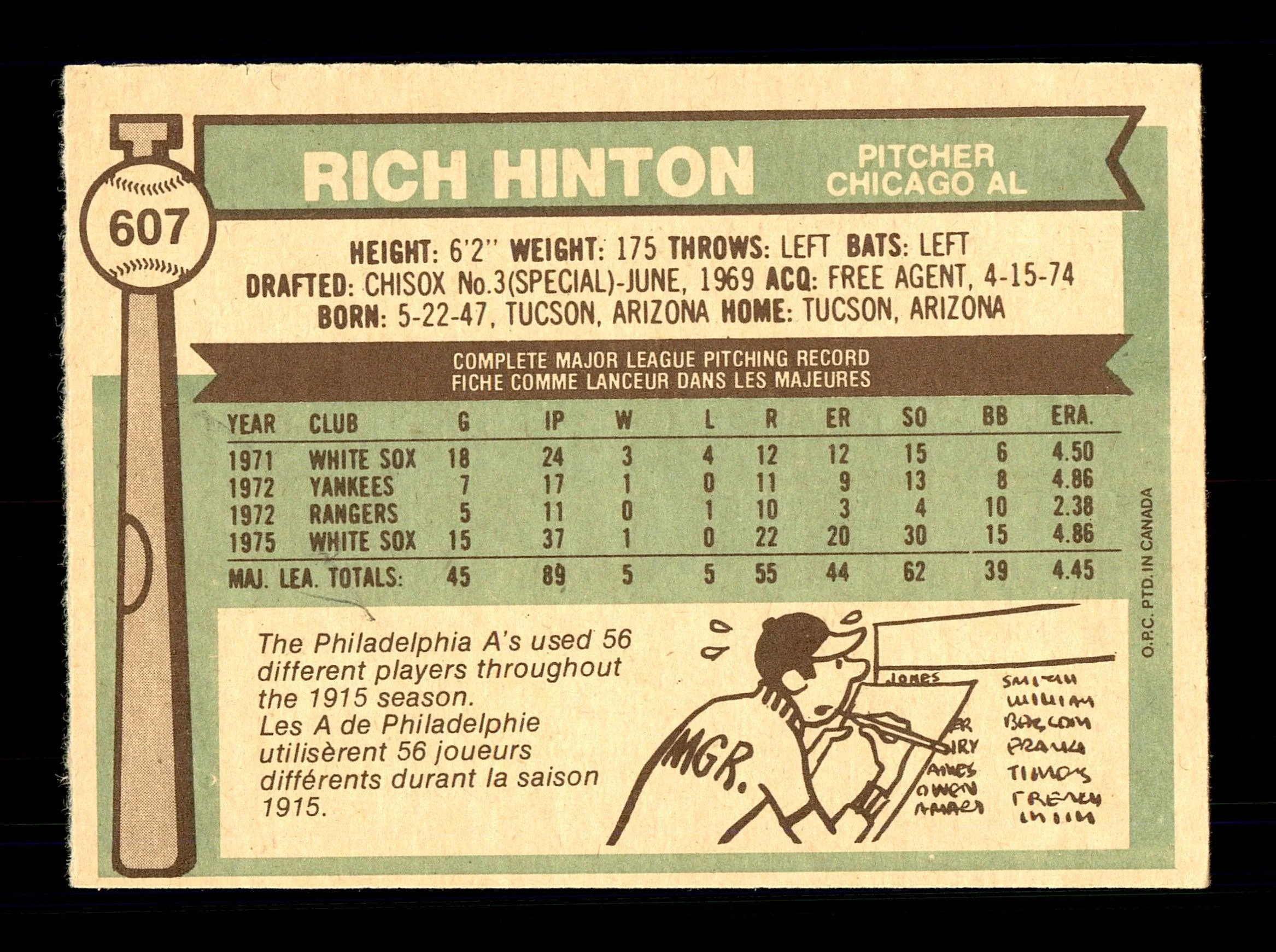 Rich Hinton Autographed 1976 O-Pee-Chee Card #607 Chicago White Sox SKU #169472 - Image 2