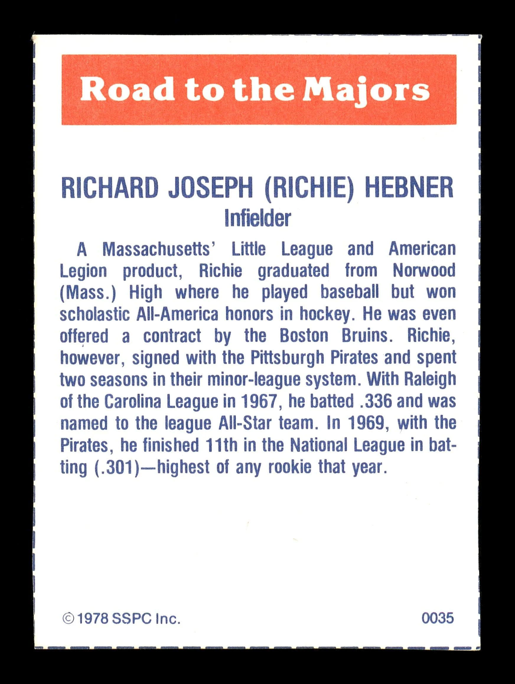 Richie Hebner Autographed 1978 SSPC Card #35 Philadelphia Phillies SKU #172255 - Image 2