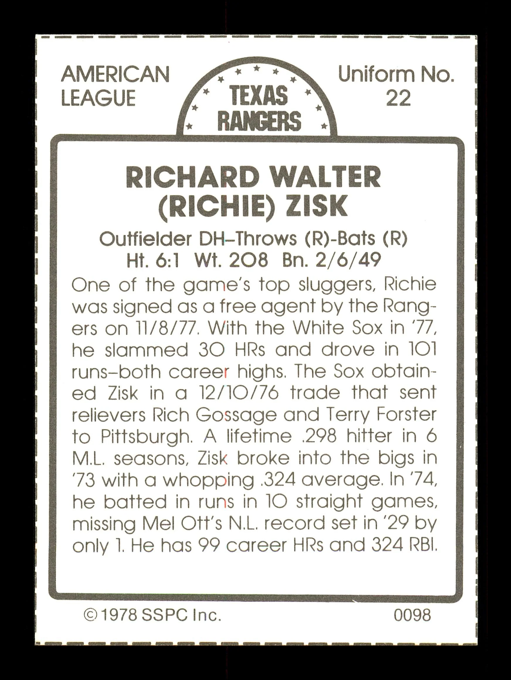 Richie Zisk Autographed 1978 SSPC Card #98 Texas Rangers SKU #172295 - Image 2