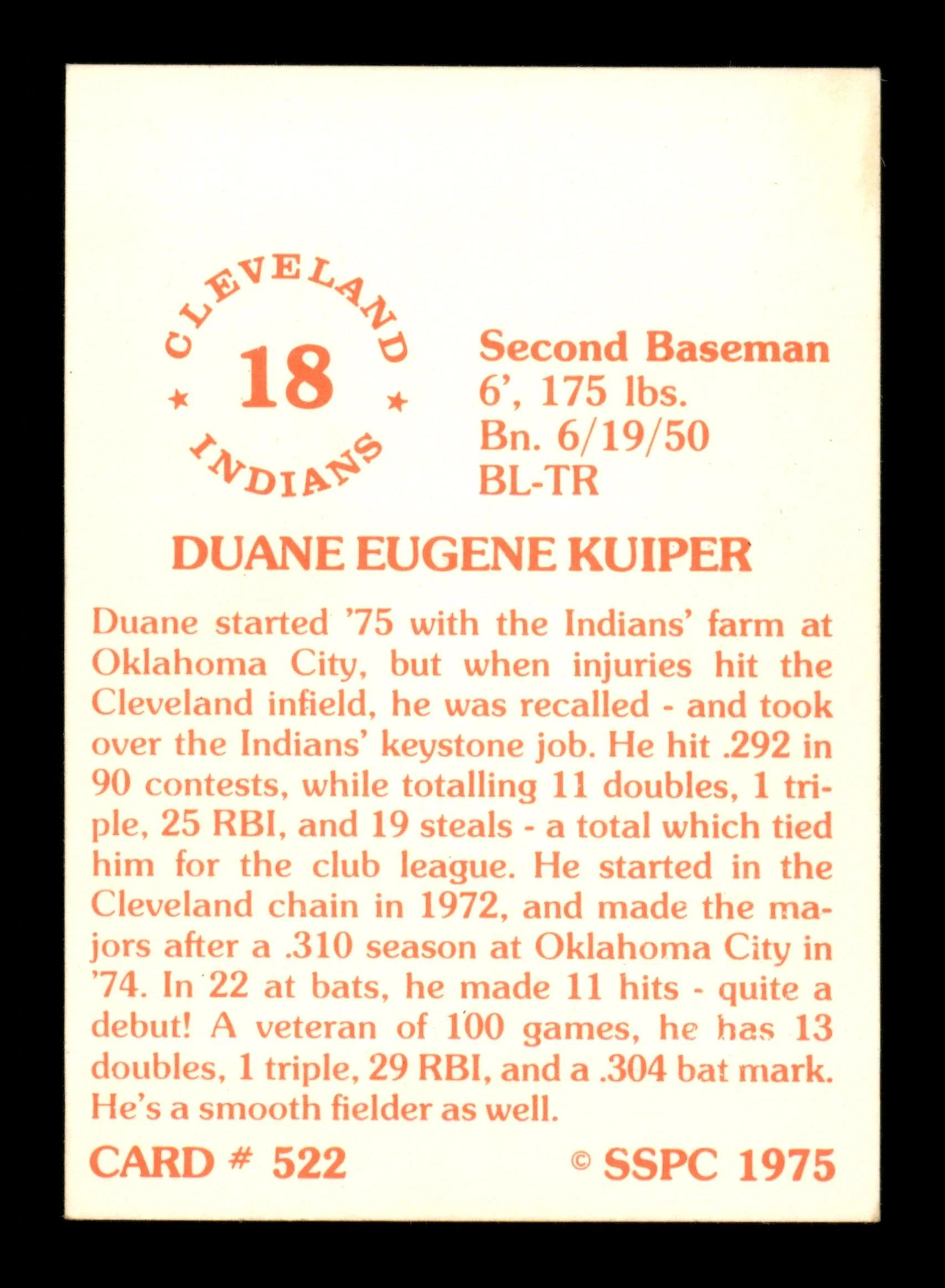 Rick Manning Autographed 1975 SSPC Card #522 Cleveland Indians Pictured On Duane Kuiper Card SKU #204594 - Image 2