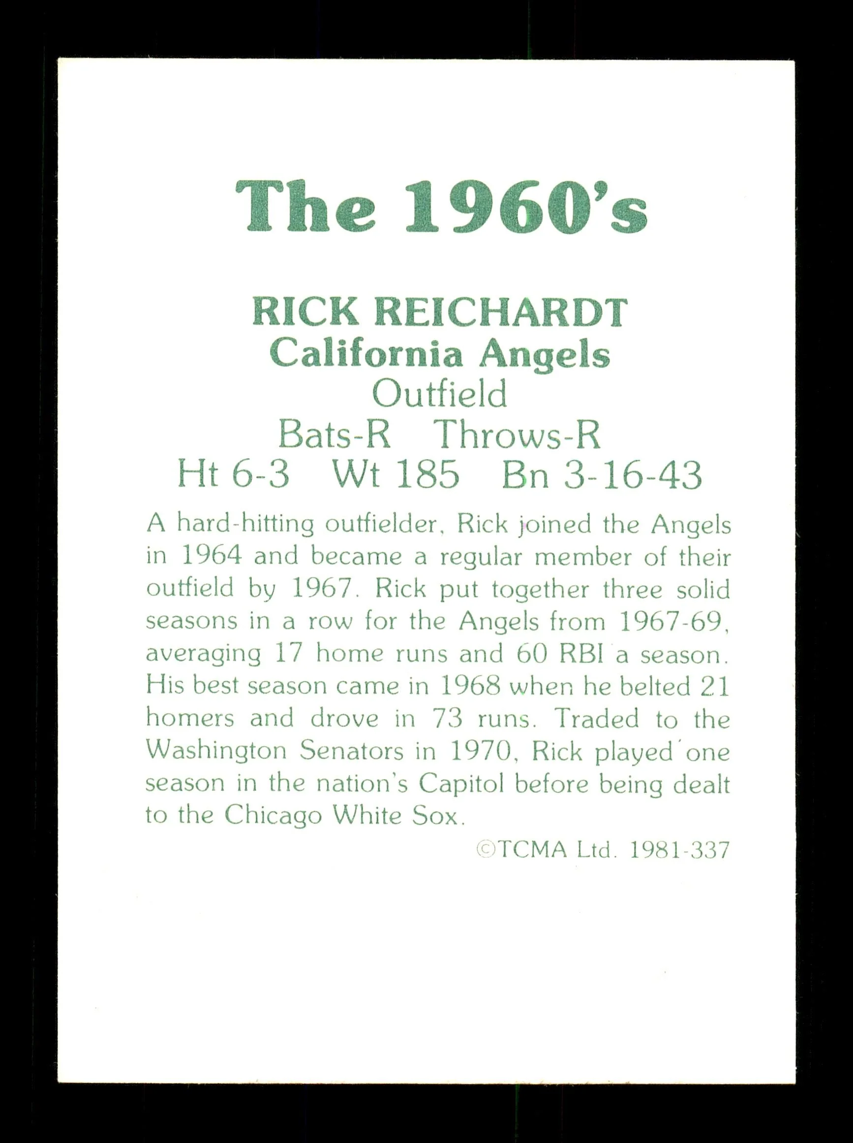 Rick Reichardt Autographed 1981 TCMA Card #337 California Angels SKU #171943 - Image 2