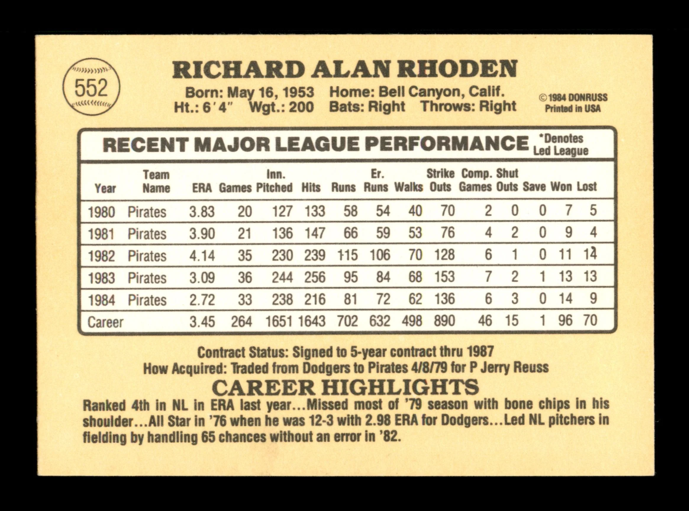 Rick Rhoden Autographed 1985 Donruss Card #552 Pittsburgh Pirates SKU #195524 - Image 2