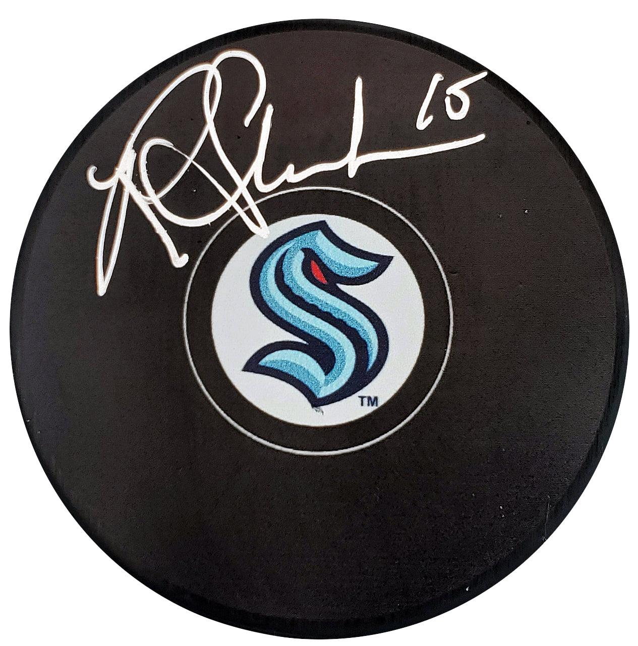 Riley Sheahan Autographed Official Seattle Kraken Logo Hockey Puck Fanatics Holo Stock #200869