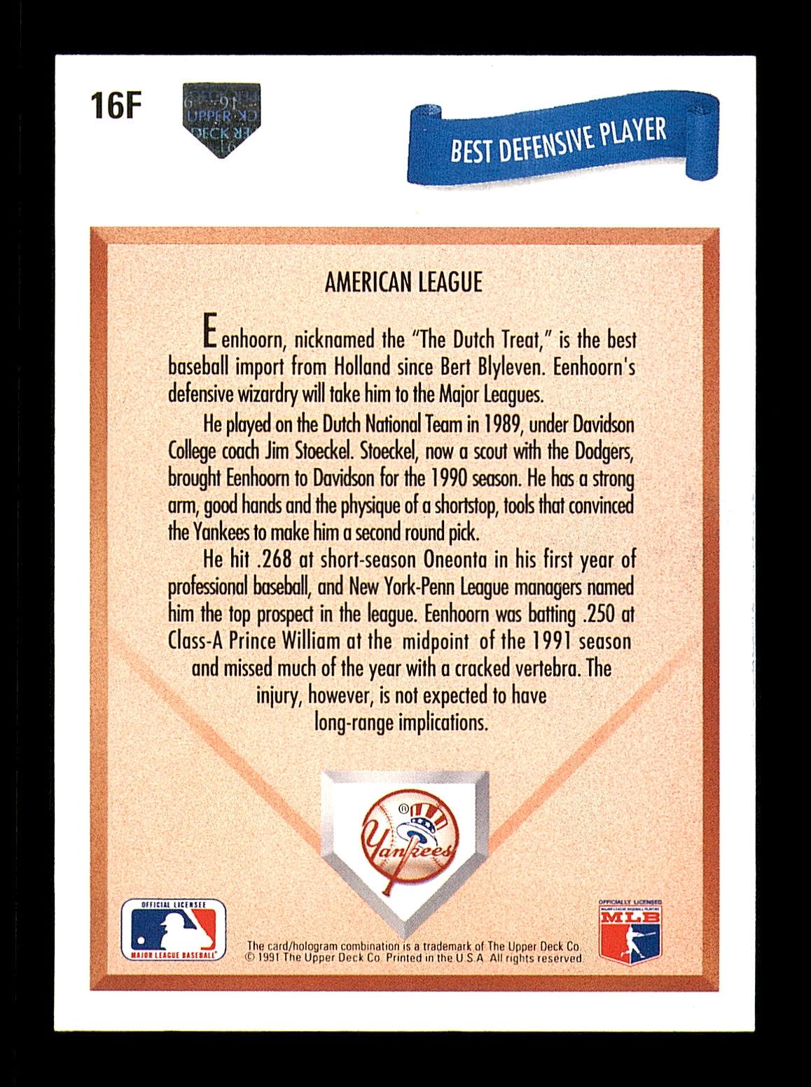 Robert Eenhoorn Autographed 1991 Upper Deck Final Edition Rookie Card #16F New York Yankees SKU #184103 - Image 2