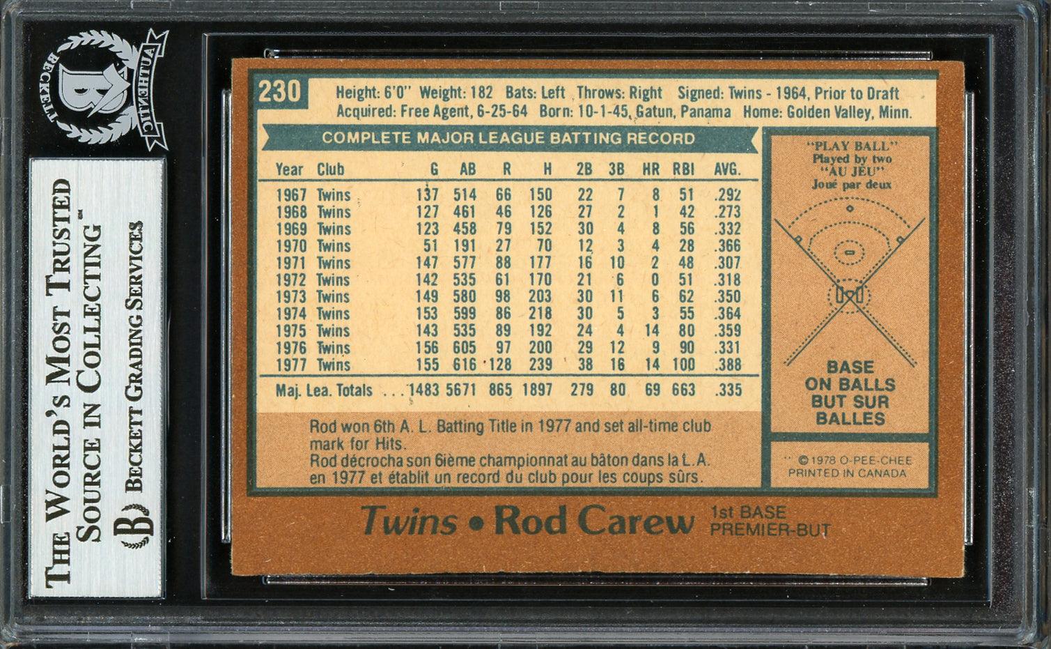 Rod Carew Autographed 1978 O-Pee-Chee Card #230 Minnesota Twins Beckett BAS #12753580 - Image 2