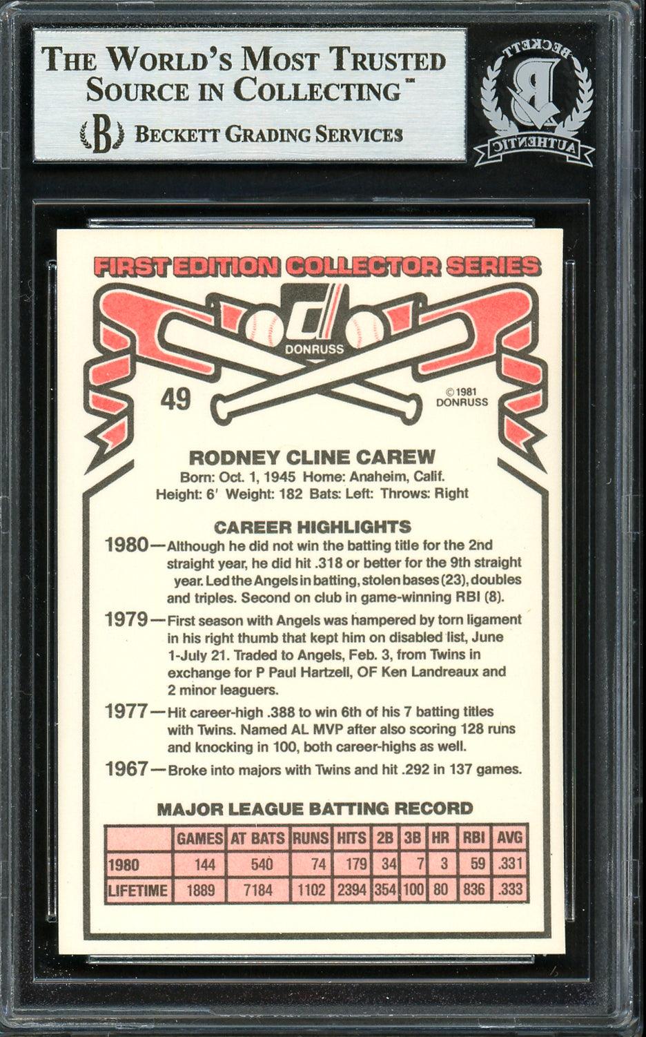 Rod Carew Autographed 1981 Donruss Card #49 California Angels Beckett BAS Stock #193228 - Image 2