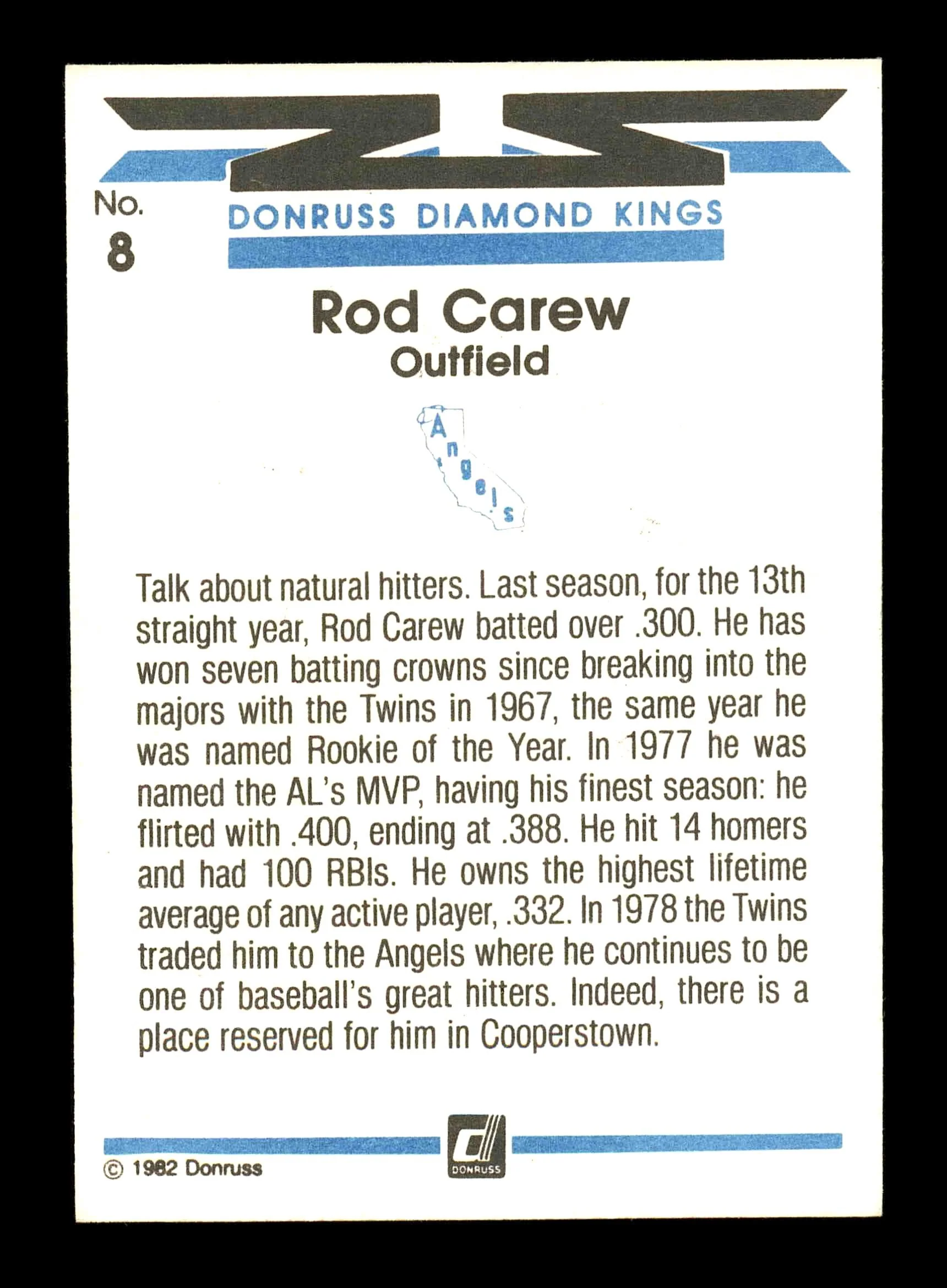 Rod Carew Autographed 1982 Donruss Diamond King Card #8 California Angels SKU #178480 - Image 2