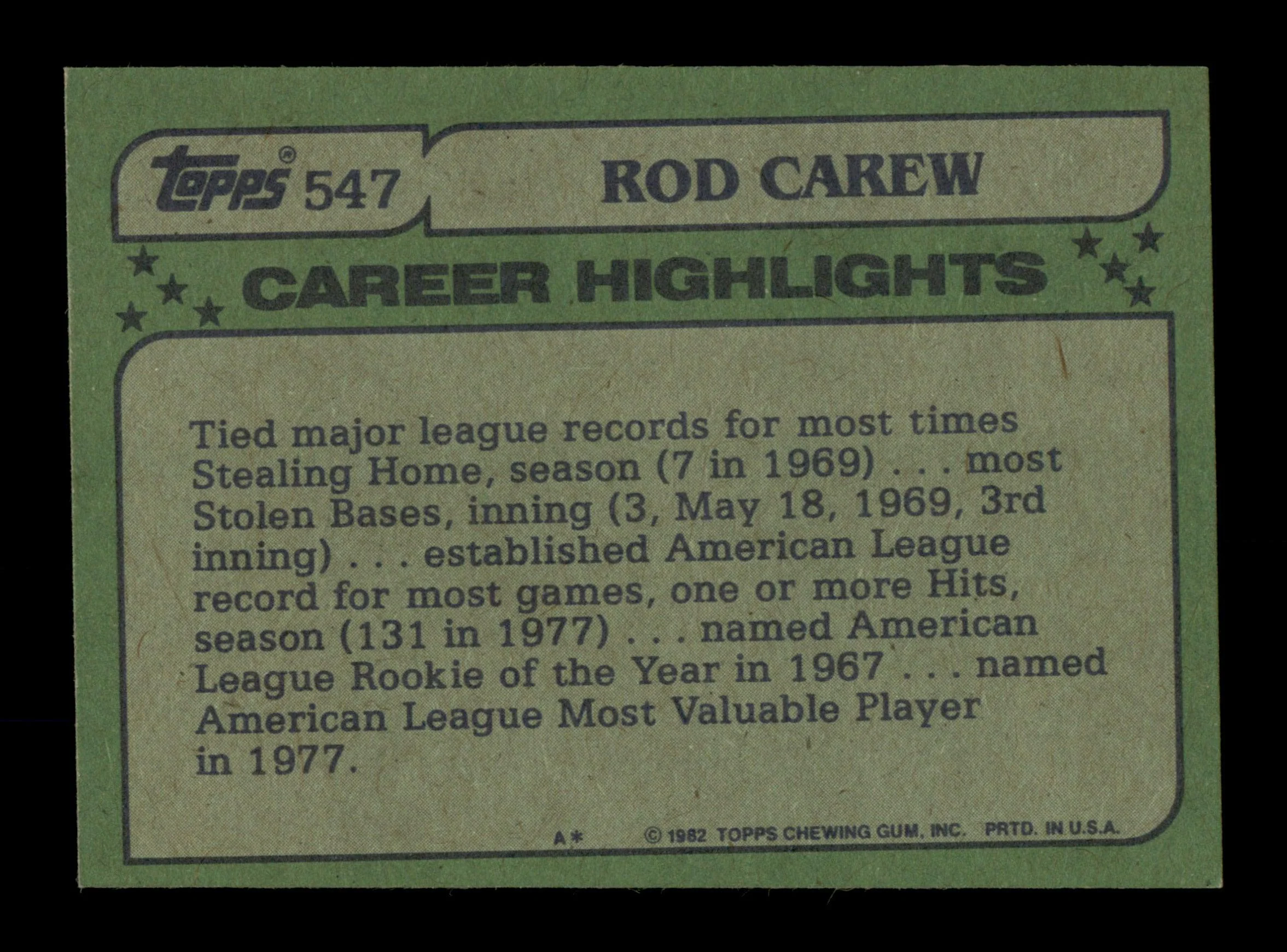 Rod Carew Autographed 1982 Topps All Star Card #547 California Angels SKU #186598 - Image 2