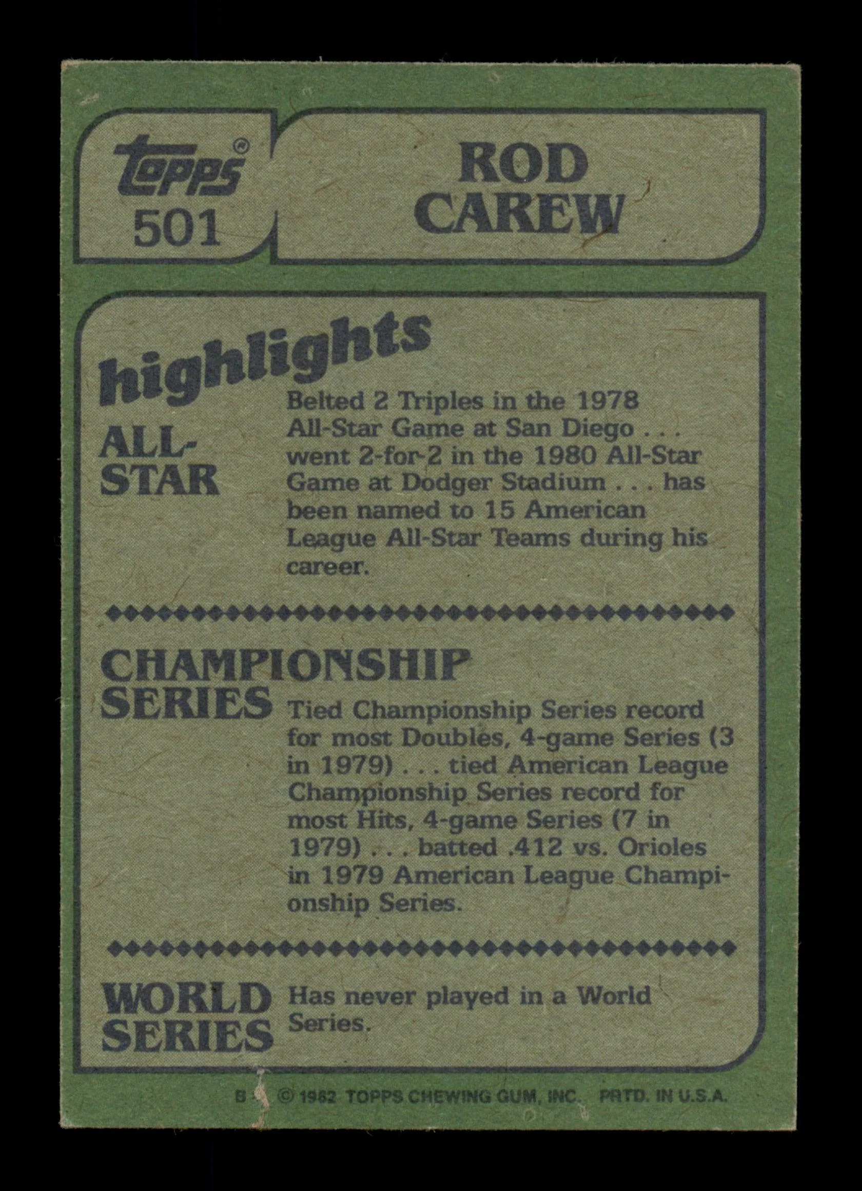 Rod Carew Autographed 1982 Topps In Action Card #501 California Angels SKU #186600 - Image 2