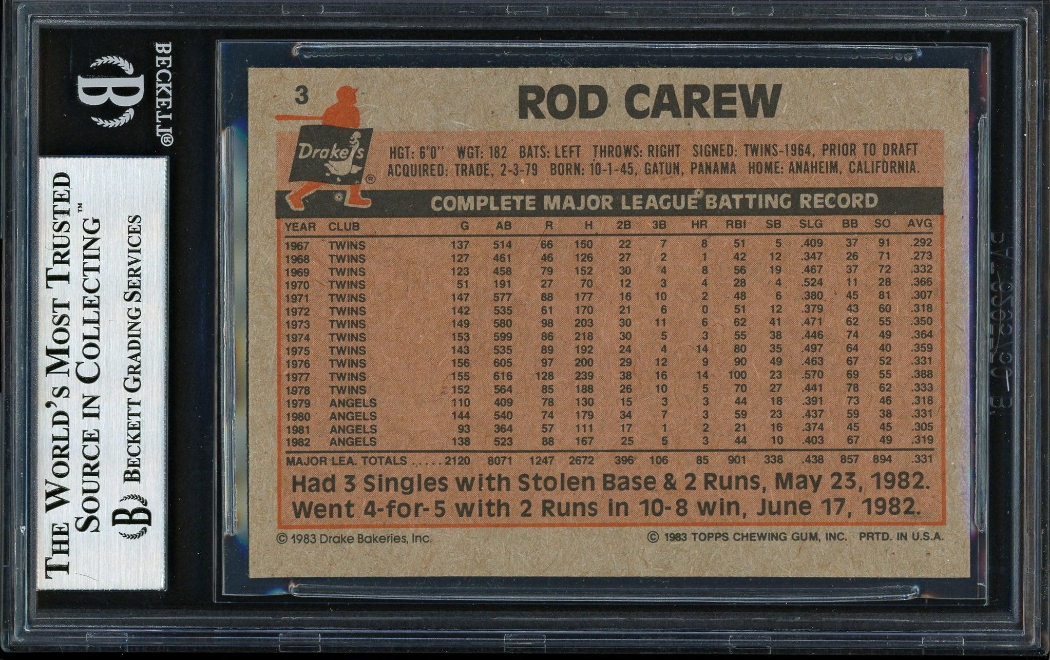 Rod Carew Autographed 1983 Topps Drake's Card #3 California Angels Beckett BAS #12511921 - Image 2