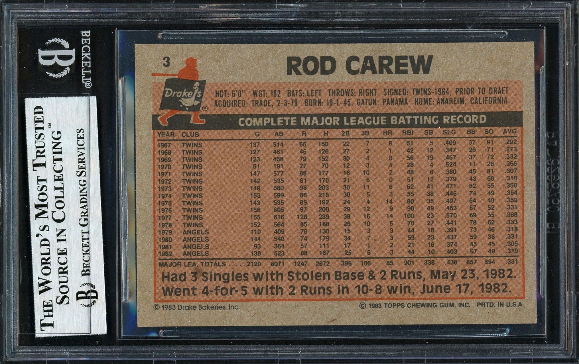 Rod Carew Autographed 1983 Topps Drake's Card #3 California Angels Beckett BAS #12511922 - Image 2