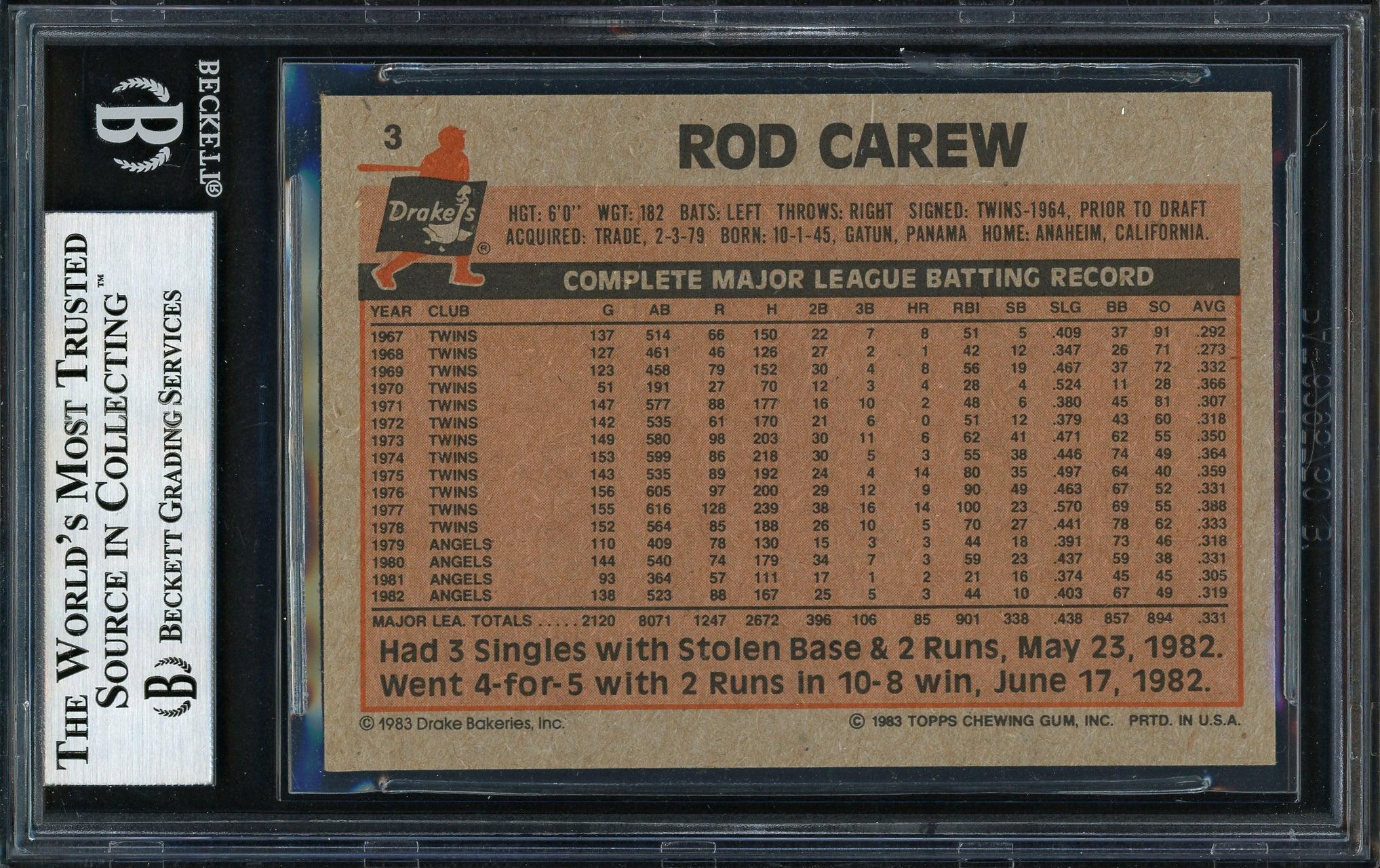 Rod Carew Autographed 1983 Topps Drake's Card #3 California Angels Beckett BAS #12511923 - Image 2