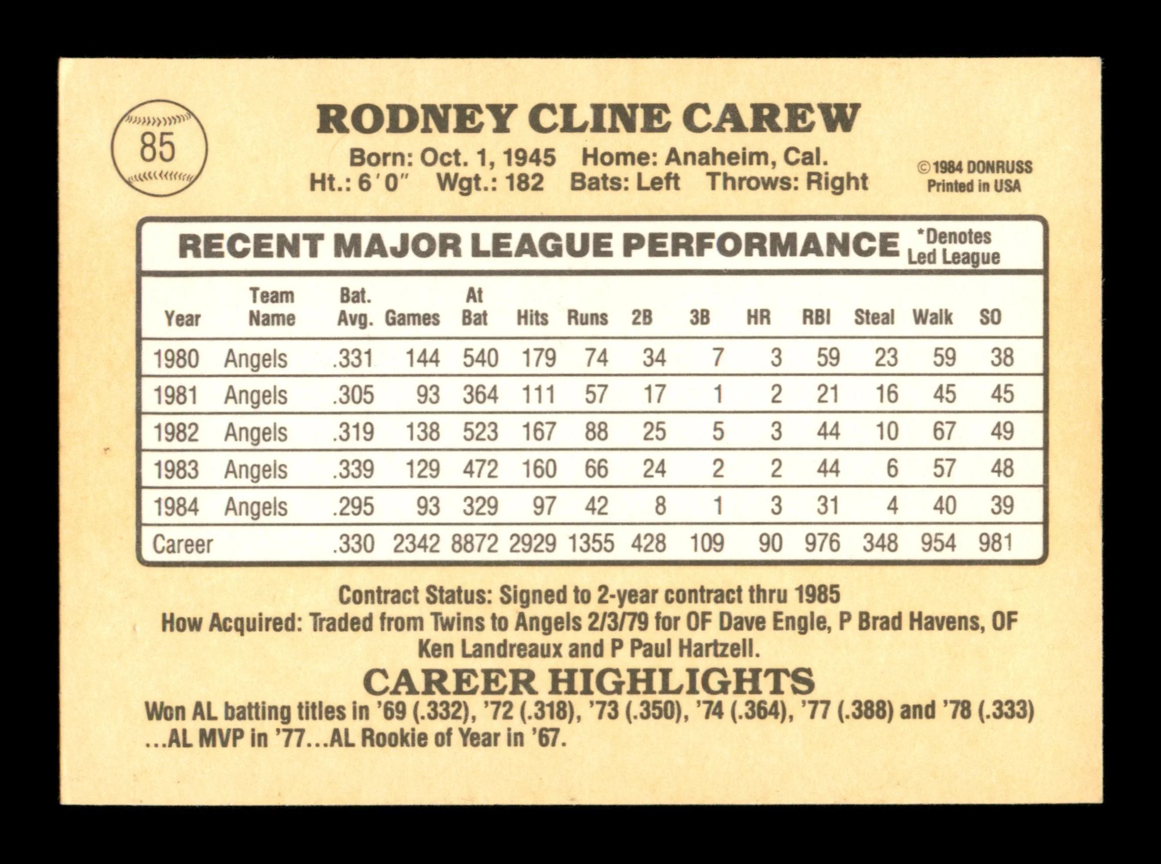 Rod Carew Autographed 1985 Donruss Card #85 California Angels SKU #186675 - Image 2