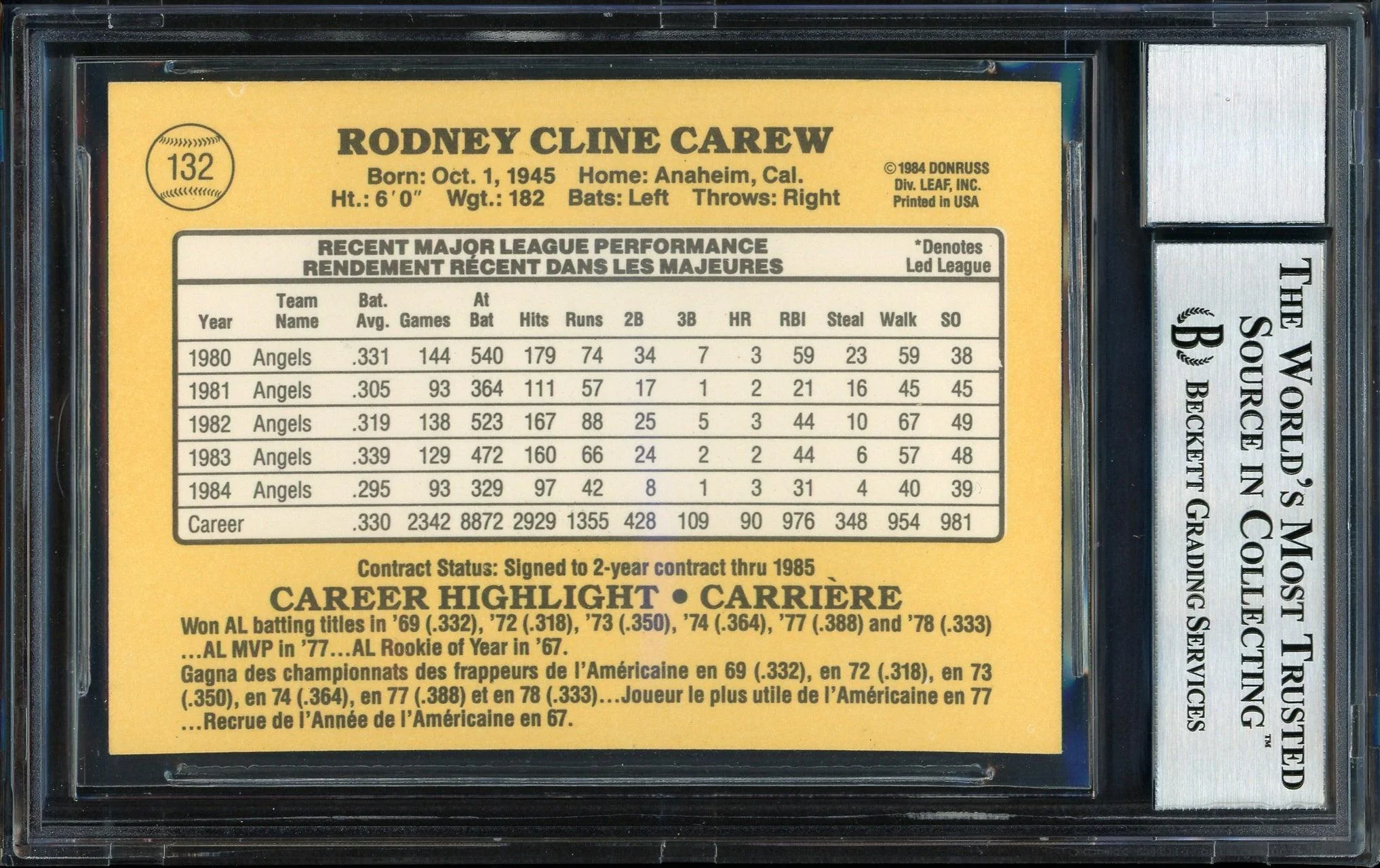 Rod Carew Autographed 1985 Leaf Card #132 California Angels Auto Grade 10 Beckett BAS #12510719 - Image 2