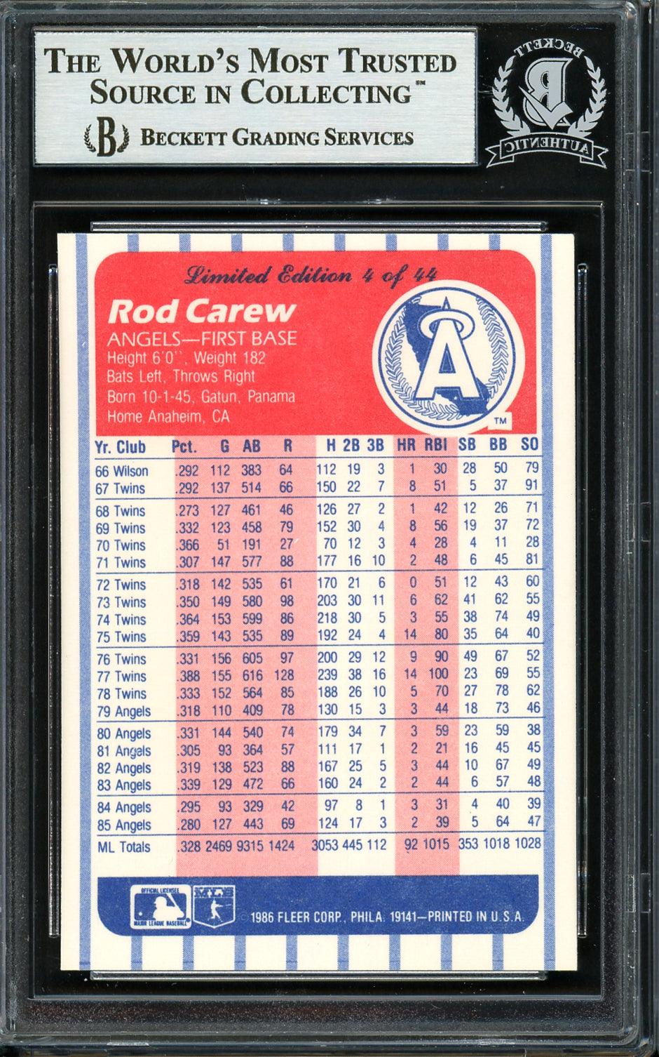 Rod Carew Autographed 1986 Fleer League Leaders Card #4 California Angels Beckett BAS Stock #193249 - Image 2