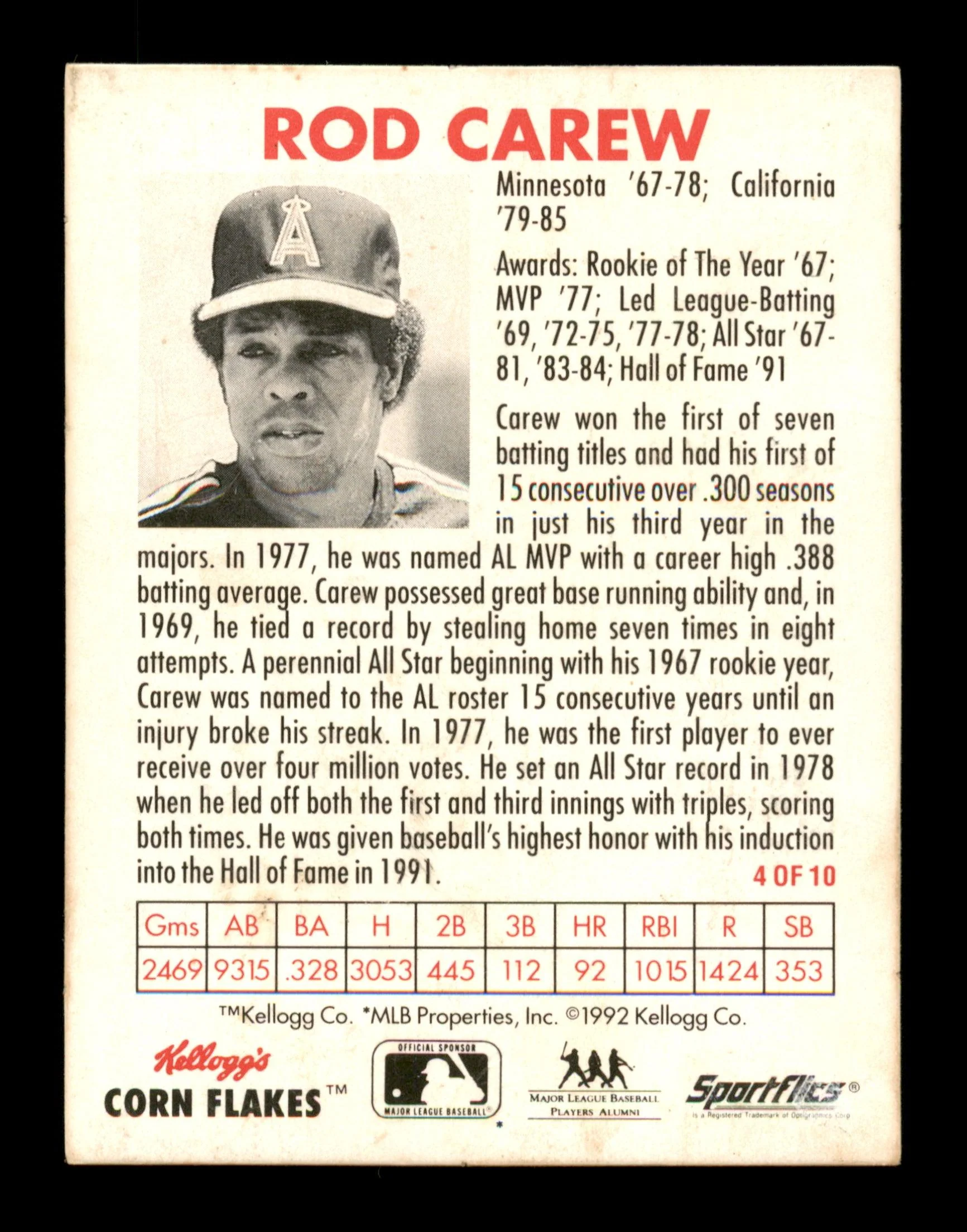 Rod Carew Autographed 1992 Kellogg's Sportflics Card #4 California Angels SKU #186745 - Image 2