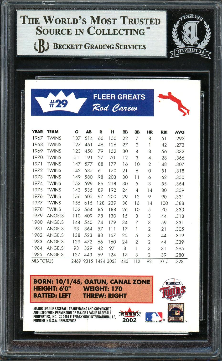 Rod Carew Autographed 2001 Fleer Greats Card #29 Minnesota Twins Beckett BAS #12754078 - Image 2