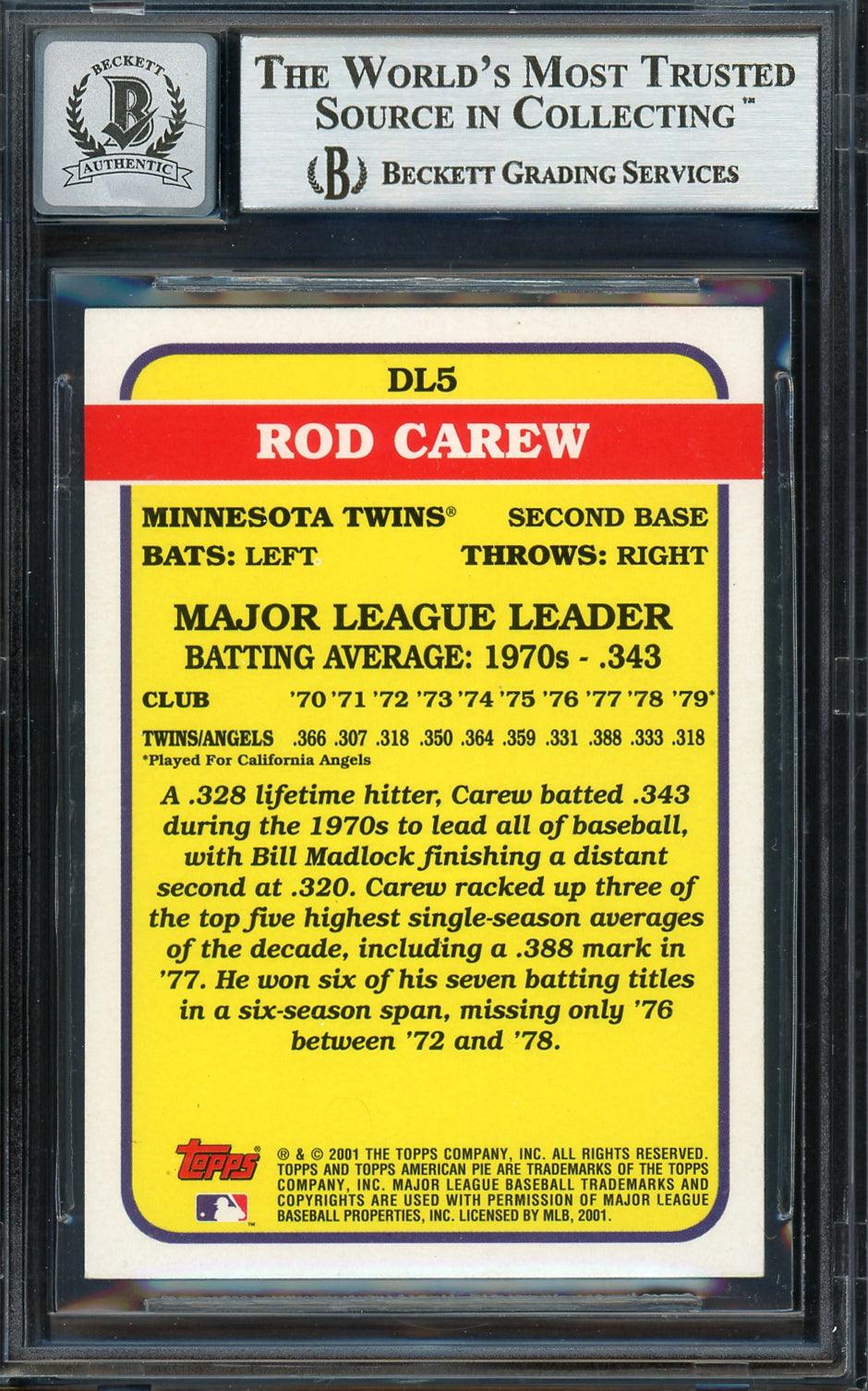 Rod Carew Autographed 2001 Topps American Pie Card #DL5 Minnesota Twins Auto Grade Gem Mint 10 Beckett BAS #12751689 - Image 2