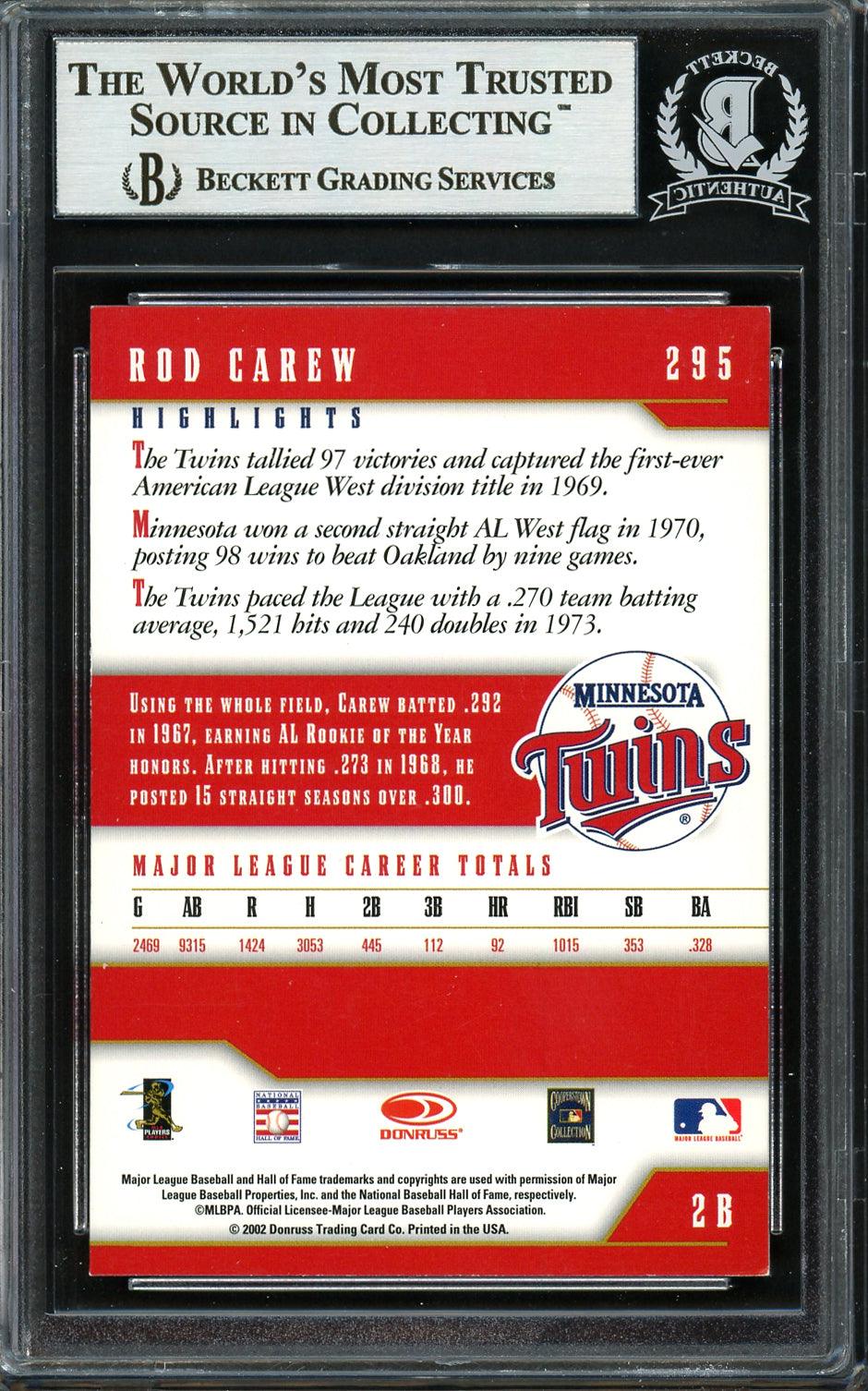 Rod Carew Autographed 2002 Donruss Team Heroes Card #295 Minnesota Twins Beckett BAS #12754115 - Image 2