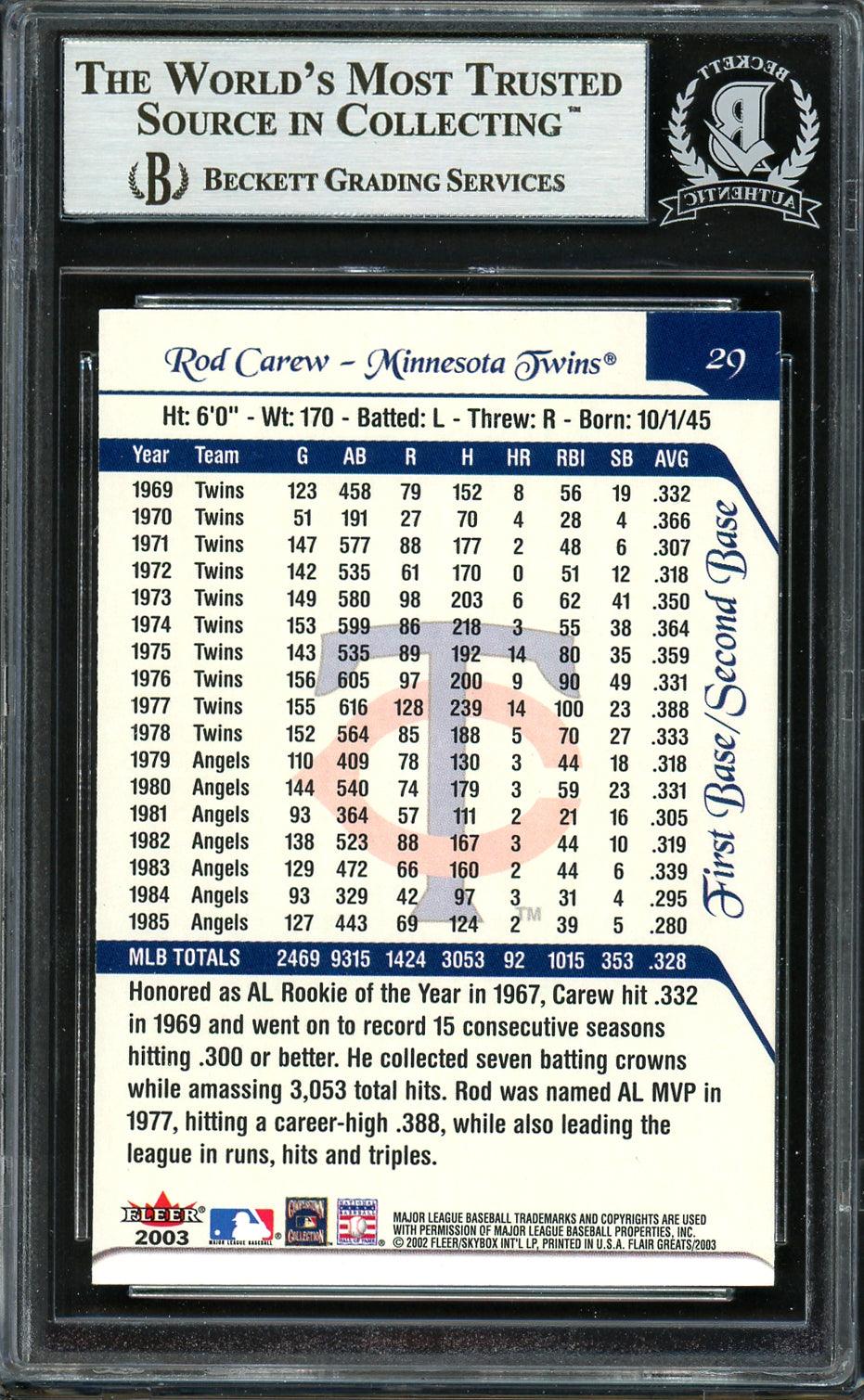 Rod Carew Autographed 2003 Fleer Flair Greats Card #29 Minnesota Twins Beckett BAS Stock #193308 - Image 2