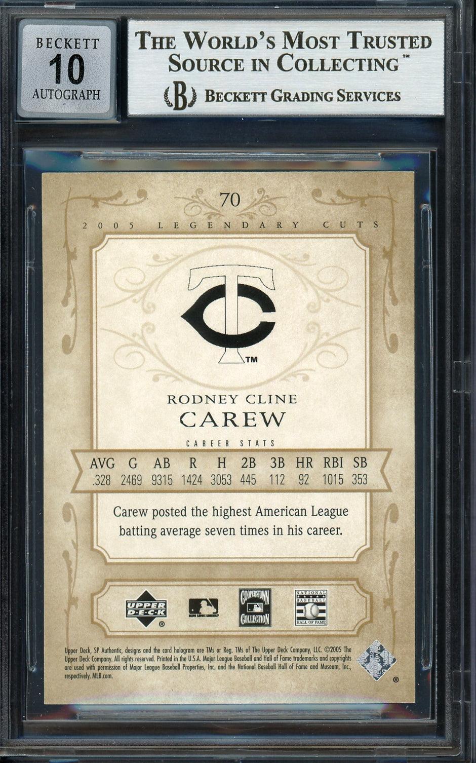 Rod Carew Autographed 2005 SP Legendary Cuts Card #70 Minnesota Twins Auto Grade Gem Mint 10 Beckett BAS Stock #192740 - Image 2
