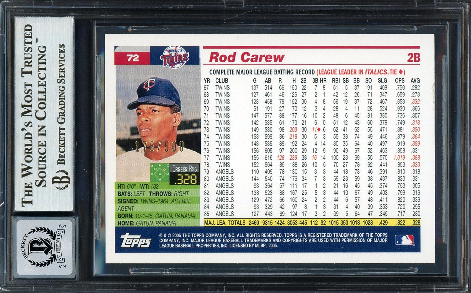 Rod Carew Autographed 2005 Topps Retired Signature Edition Card #72 Minnesota Twins Auto Grade Gem Mint 10 #176/500 Beckett BAS #12751809 - Image 2