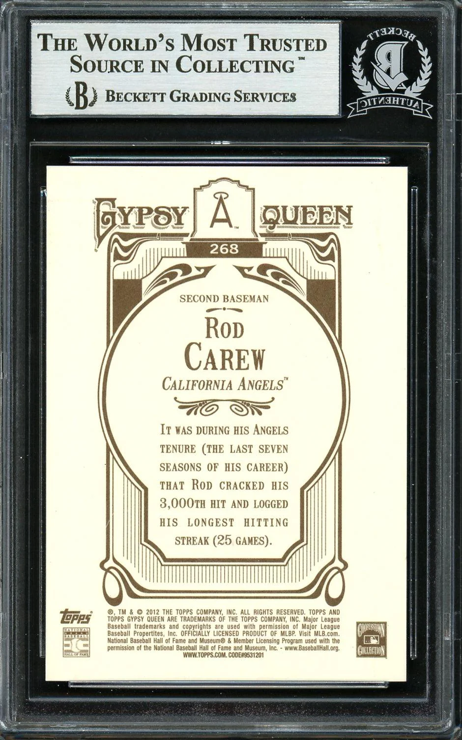 Rod Carew Autographed 2012 Topps Gypsy Queen Gold Frame Card #268 California Angels Beckett BAS #12754217 - Image 2