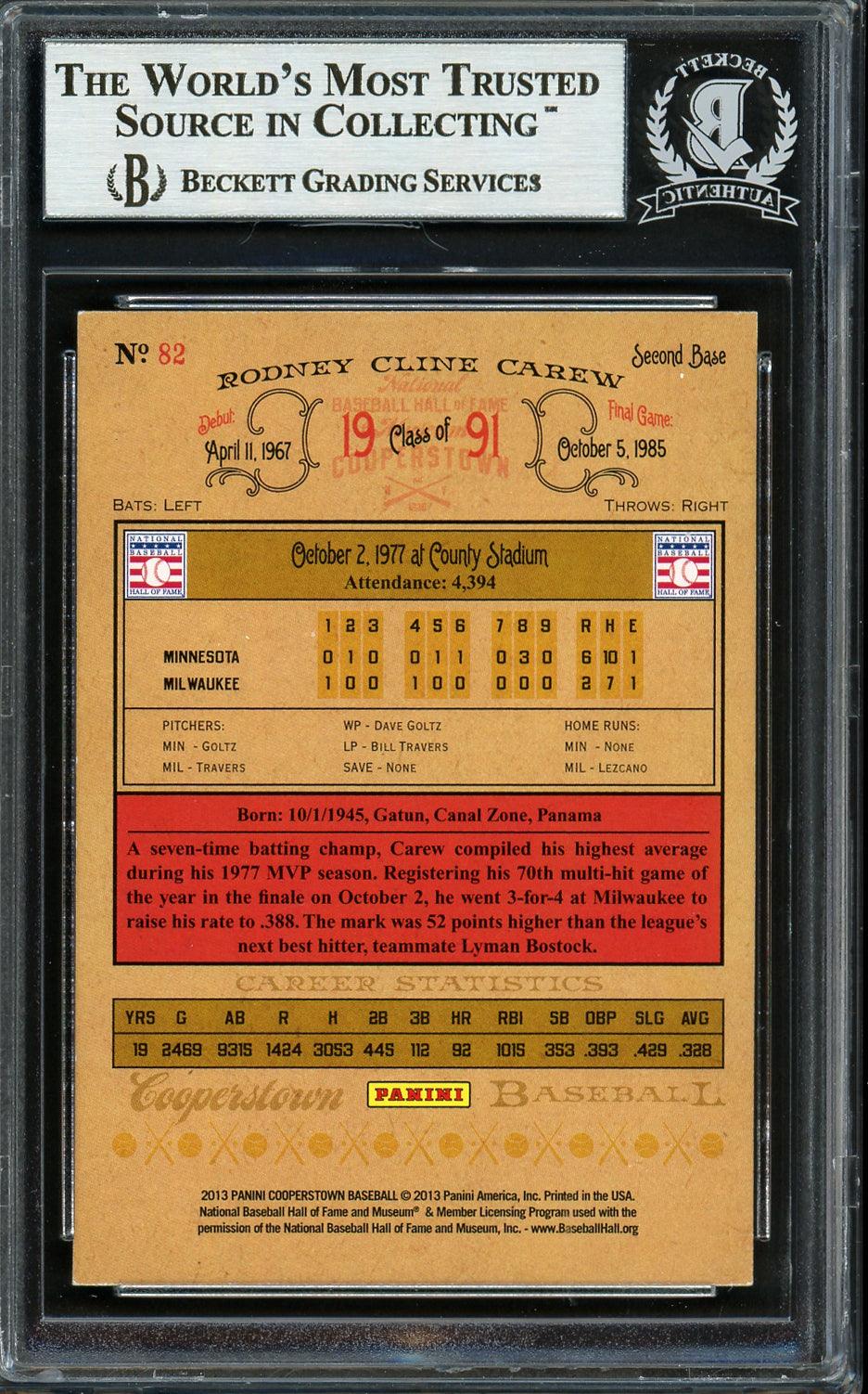 Rod Carew Autographed 2013 Panini Cooperstown Card #82 Minnesota Twins Beckett BAS #12754237 - Image 2
