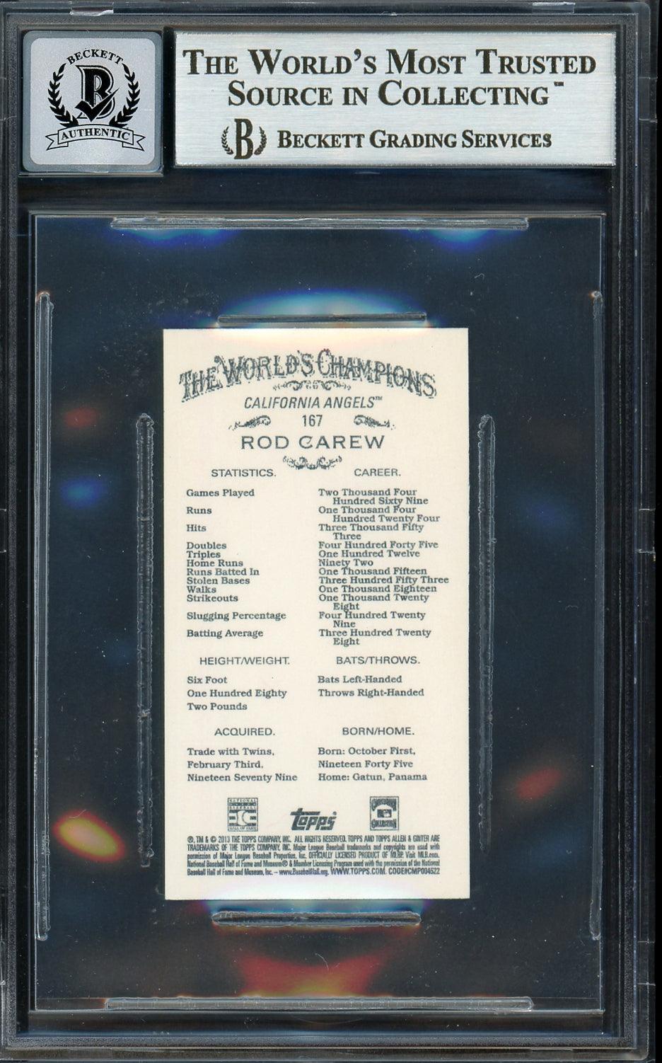 Rod Carew Autographed 2013 Topps Allen & Ginter Mini Card #167 California Angels Auto Grade Gem Mint 10 Beckett BAS #12751914 - Image 2