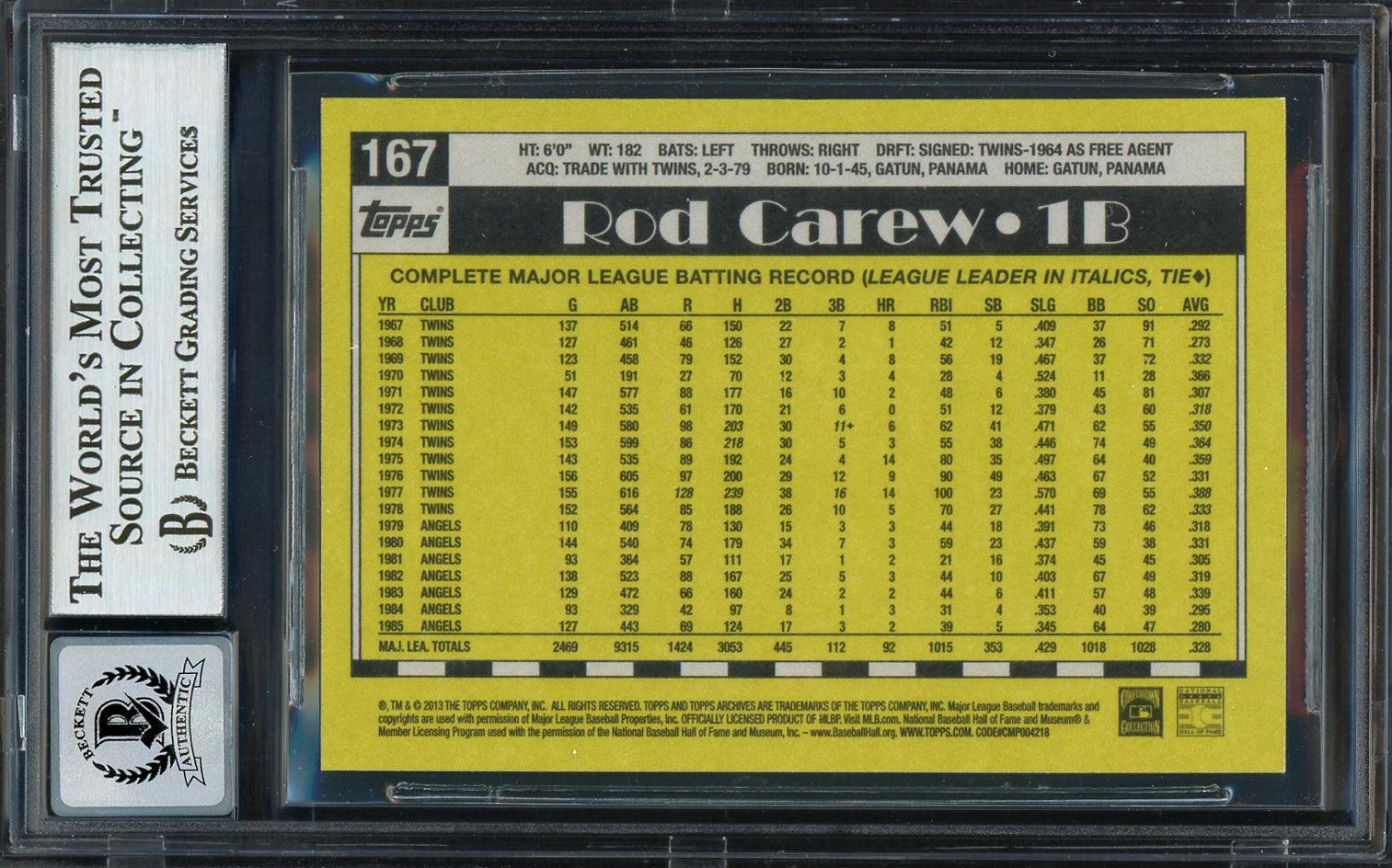Rod Carew Autographed 2013 Topps Archives Card #167 California Angels Auto Grade Gem Mint 10 Beckett BAS Stock #192781 - Image 2