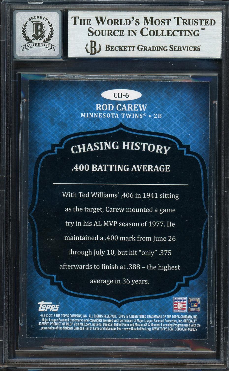 Rod Carew Autographed 2013 Topps Chasing History Card #CH-6 Minnesota Twins Auto Grade Gem Mint 10 Beckett BAS #12751926 - Image 2