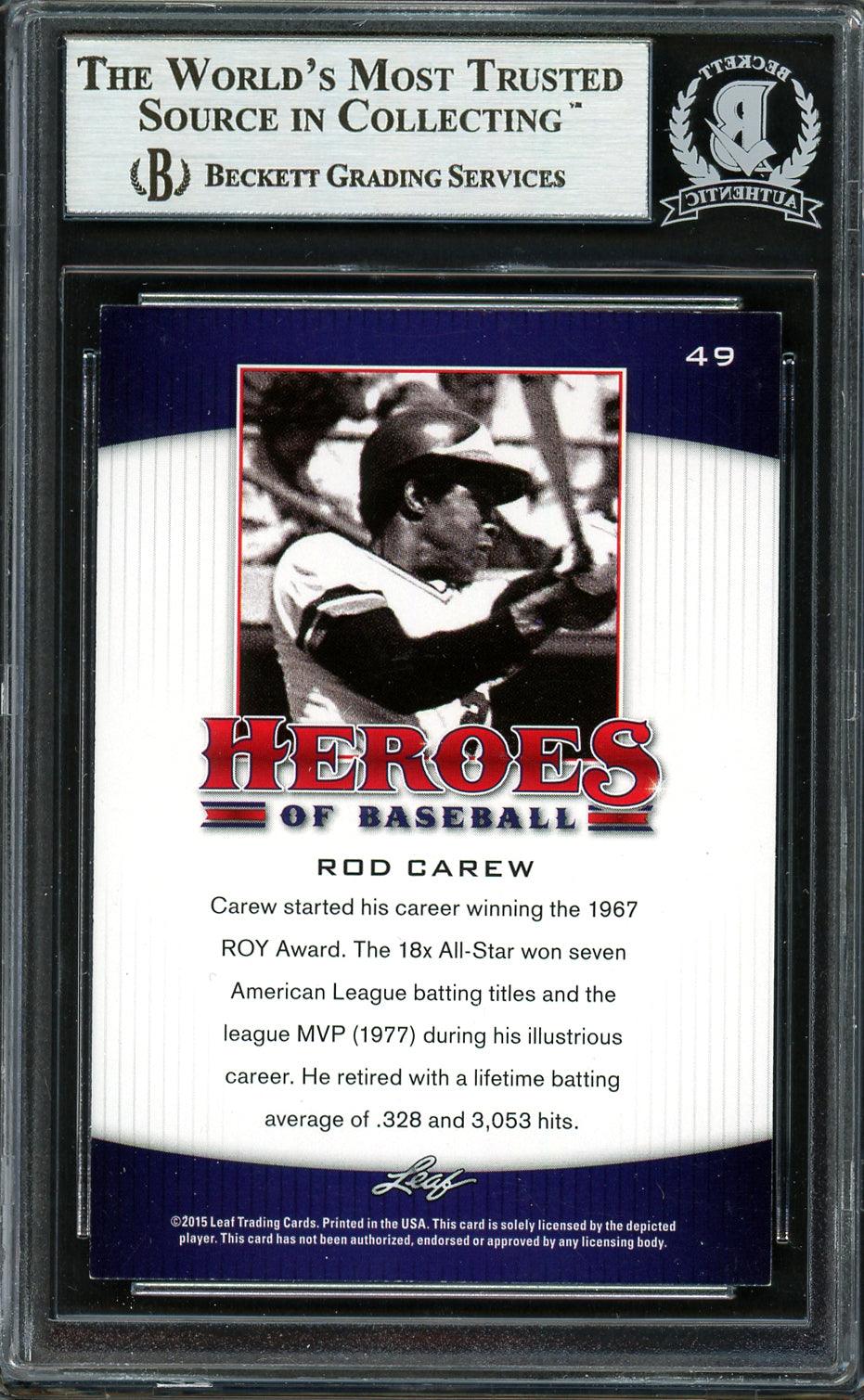 Rod Carew Autographed 2015 Leaf Heroes of Baseball Card #49 Minnesota Twins Beckett BAS #12754318 - Image 2