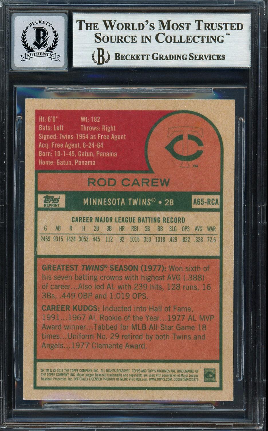 Rod Carew Autographed 2016 Topps Archives 65th Anniversary Card #A65-RCA Minnesota Twins Auto Grade Gem Mint 10 Beckett BAS #12751995 - Image 2