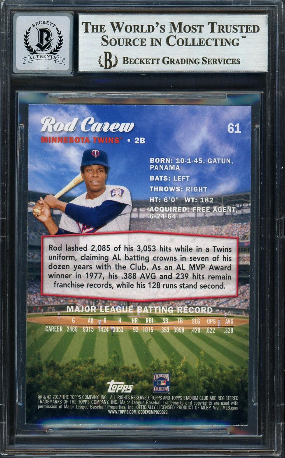 Rod Carew Autographed 2017 Topps Stadium Club Card #61 Minnesota Twins Auto Grade Gem Mint 10 Beckett BAS #12751999 - Image 2