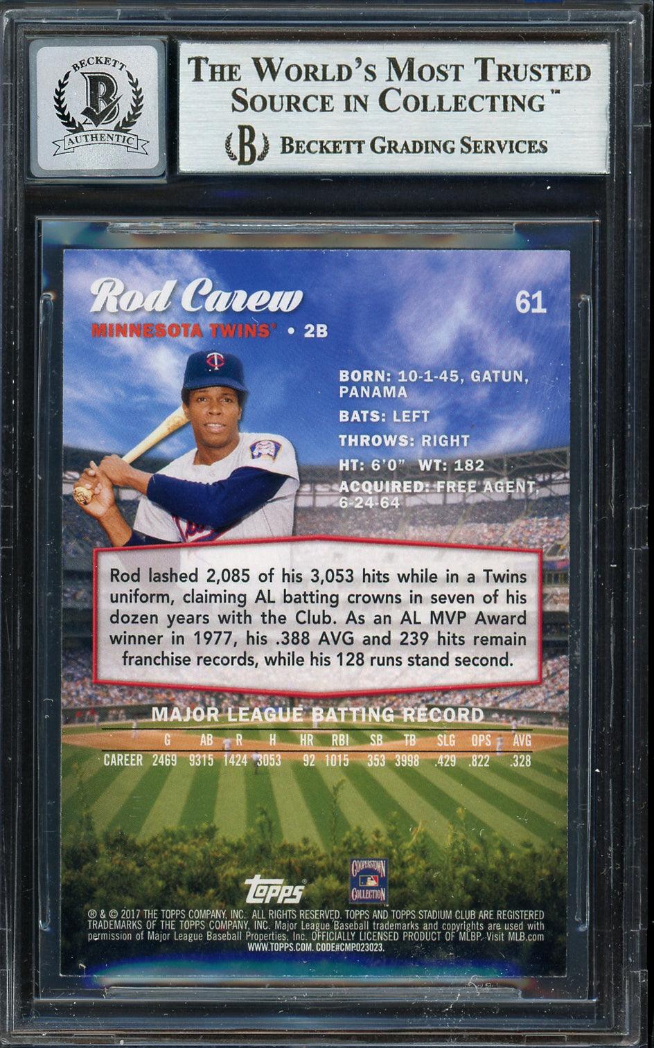 Rod Carew Autographed 2017 Topps Stadium Club Card #61 Minnesota Twins Auto Grade Gem Mint 10 Beckett BAS #12752001 - Image 2