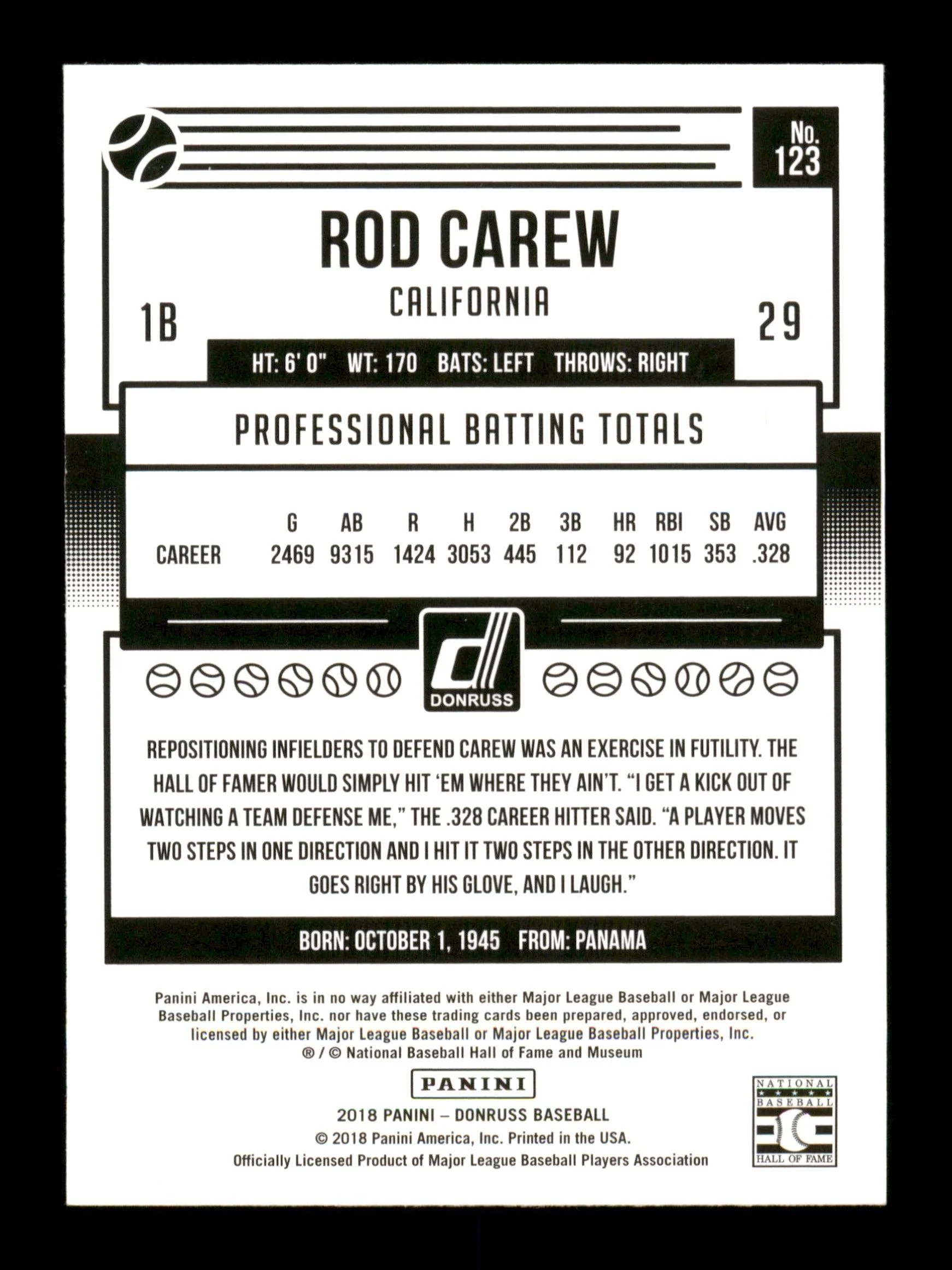 Rod Carew Autographed 2018 Donruss Black & White Card #123 Minnesota Twins SKU #186799 - Image 2