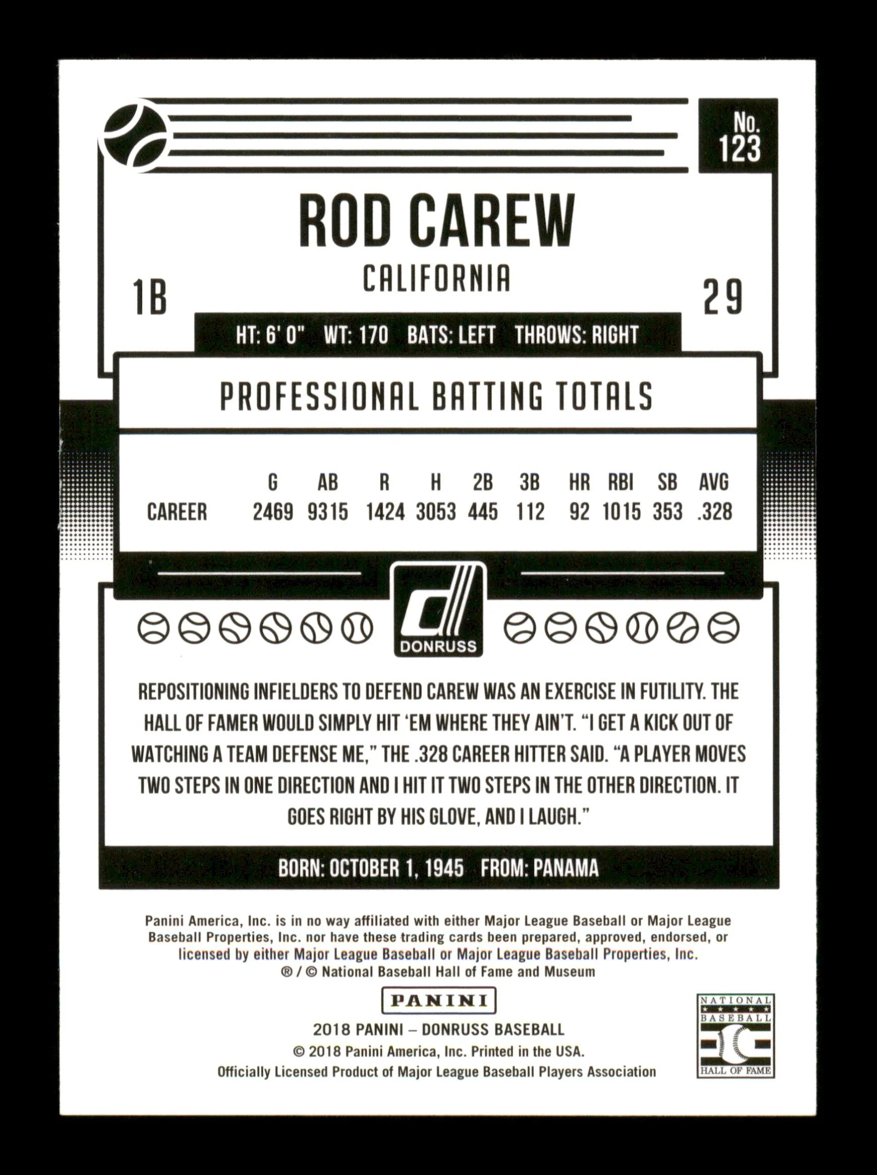 Rod Carew Autographed 2018 Donruss Black & White Card #123 Minnesota Twins SKU #186800 - Image 2