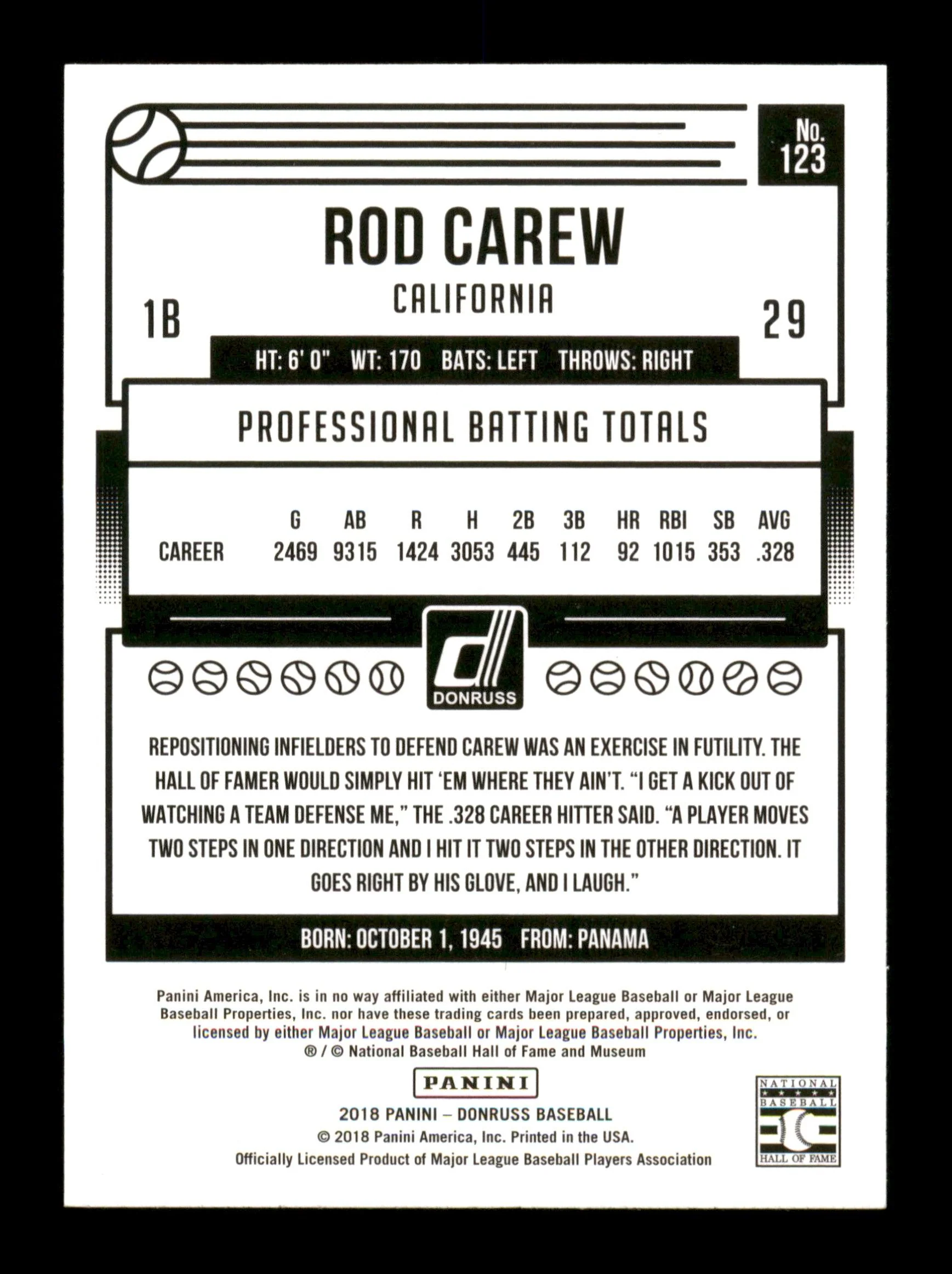 Rod Carew Autographed 2018 Donruss Card #123 Minnesota Twins SKU #186798 - Image 2