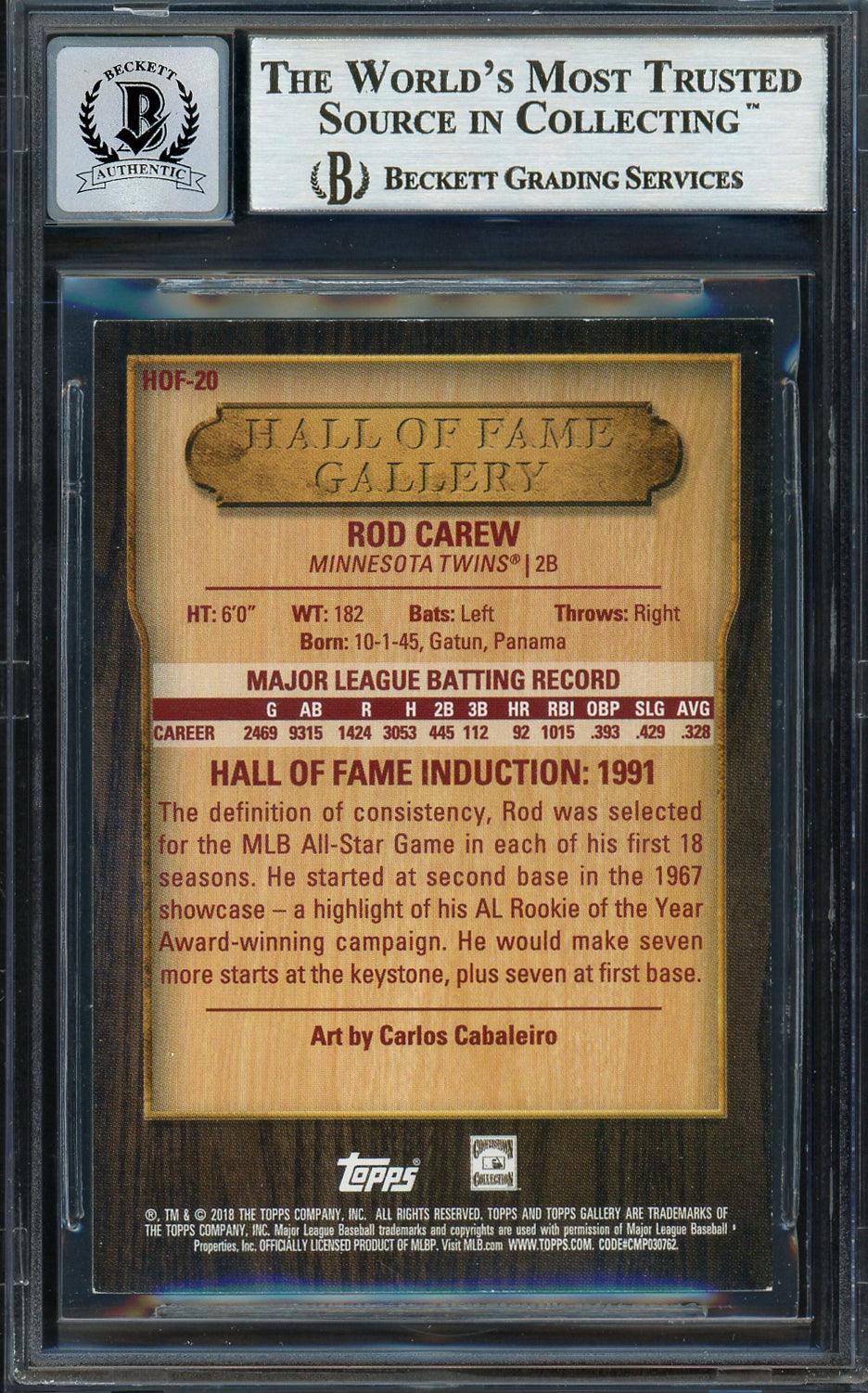 Rod Carew Autographed 2018 Topps Gallery Card #HOF-20 Minnesota Twins Auto Grade Gem Mint 10 Beckett BAS #12752013 - Image 2