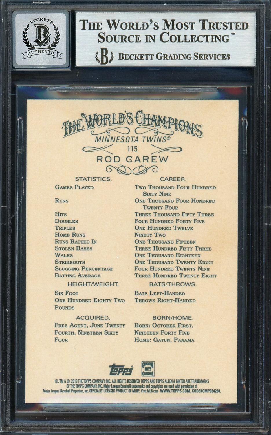 Rod Carew Autographed 2019 Topps Allen & Ginter Card #115 Minnesota Twins Auto Grade Gem Mint 10 Beckett BAS Stock #192823 - Image 2