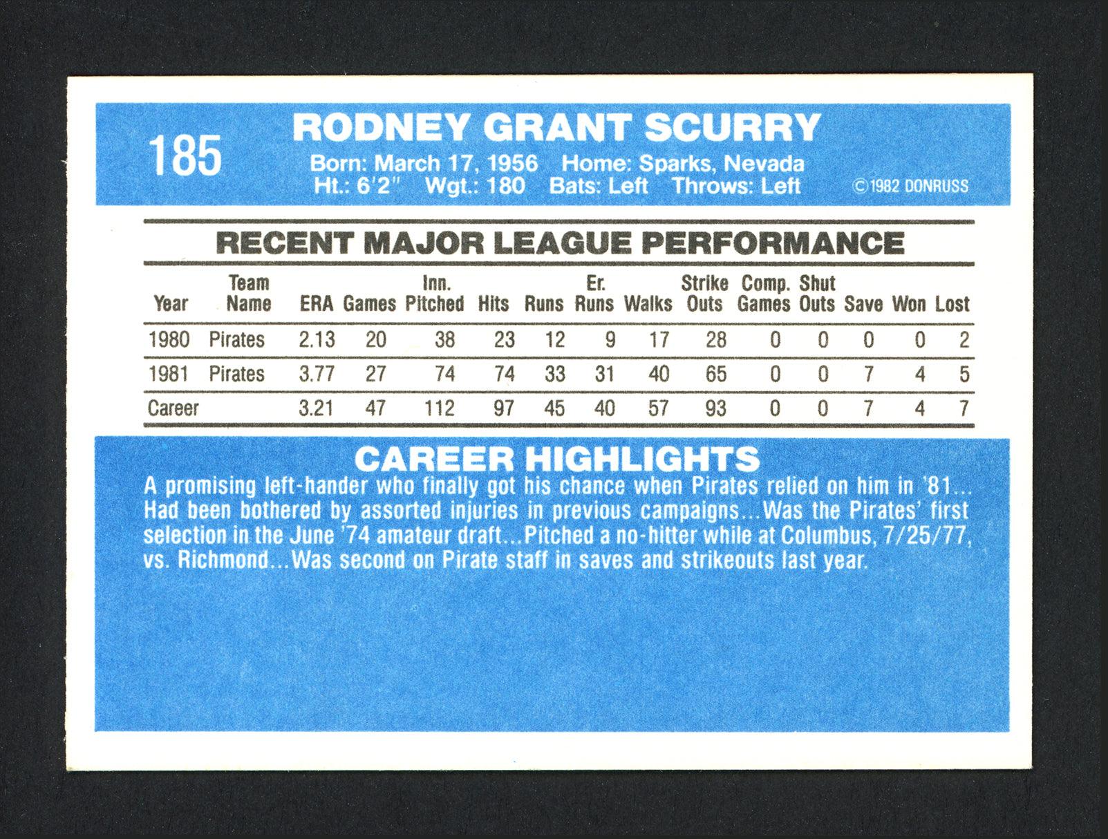 Rod Scurry Autographed 1982 Donruss Card #185 Pittsburgh Pirates SKU #165310 - Image 2
