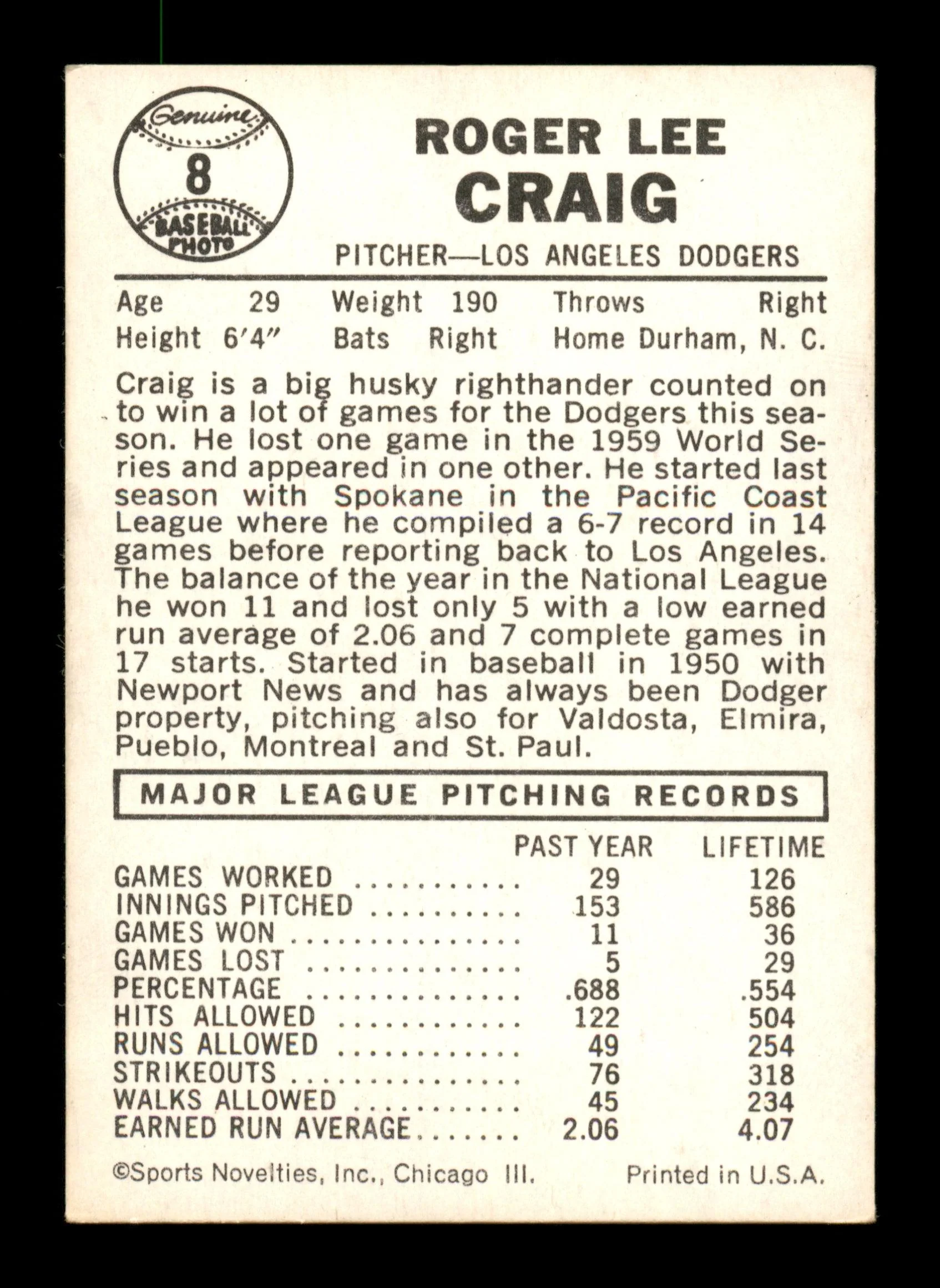 Roger Craig Autographed 1960 Leaf Card #8 Los Angeles Dodgers SKU #198806 - Image 2
