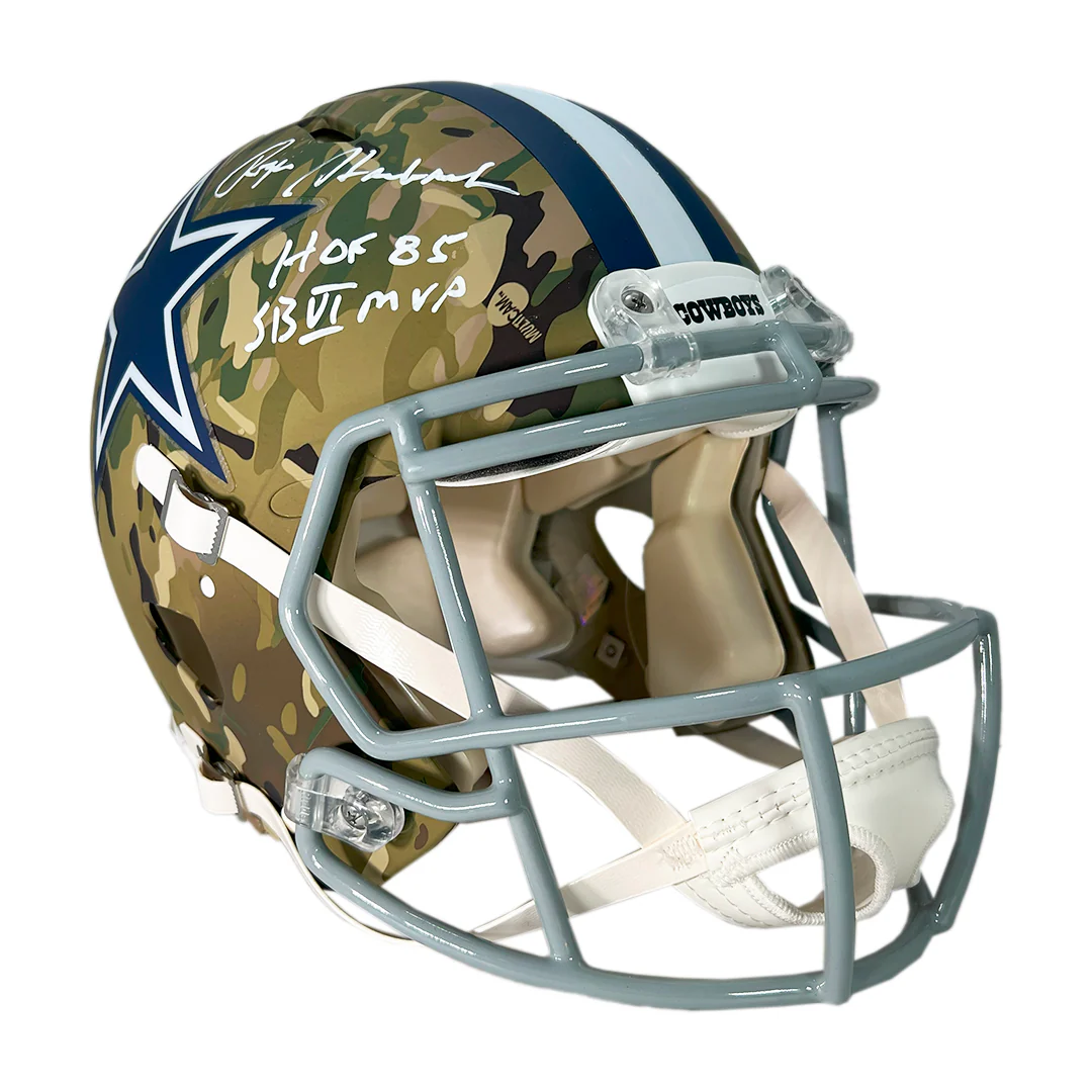 Roger Staubach Signed HOF SB MVP Inscription Dallas Cowboys Camo Authentic Speed Full-Size Football Helmet (Beckett) - Image 2