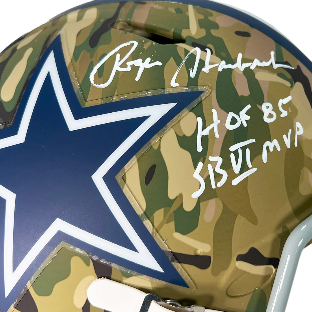 Roger Staubach Signed HOF SB MVP Inscription Dallas Cowboys Camo Authentic Speed Full-Size Football Helmet (Beckett) - Image 3