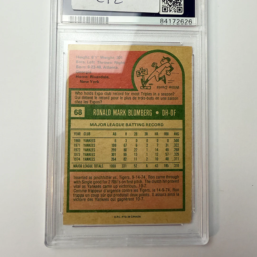Ron Blomberg Signed 1975 OPC #68 Yankees 1st ML DH 4/6/73 PSA Auto Authentic - Image 2