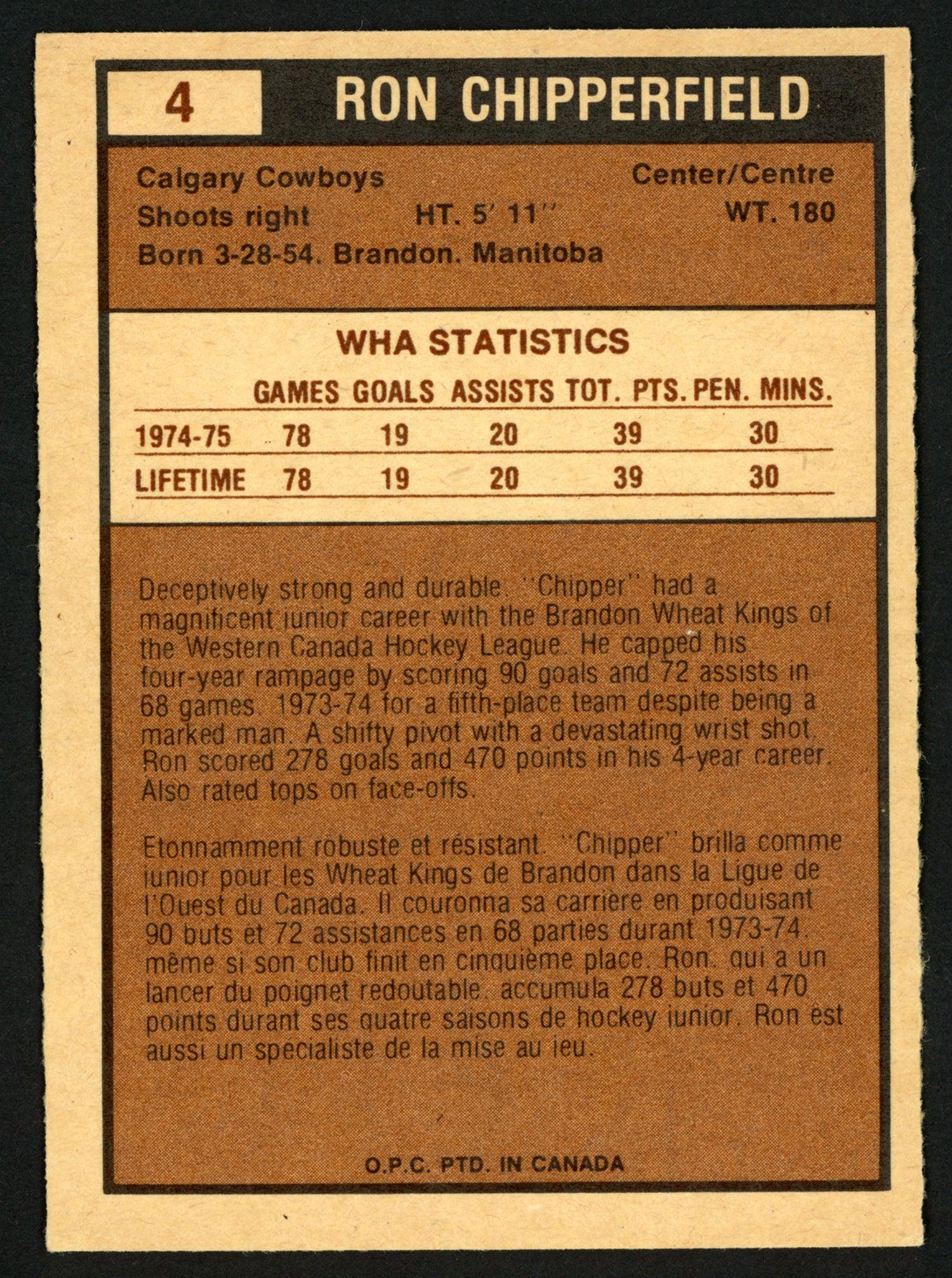 Ron Chipperfield Autographed 1975-76 WHA O-Pee-Chee Card #4 Calgary Cowboys SKU #151391 - Image 2