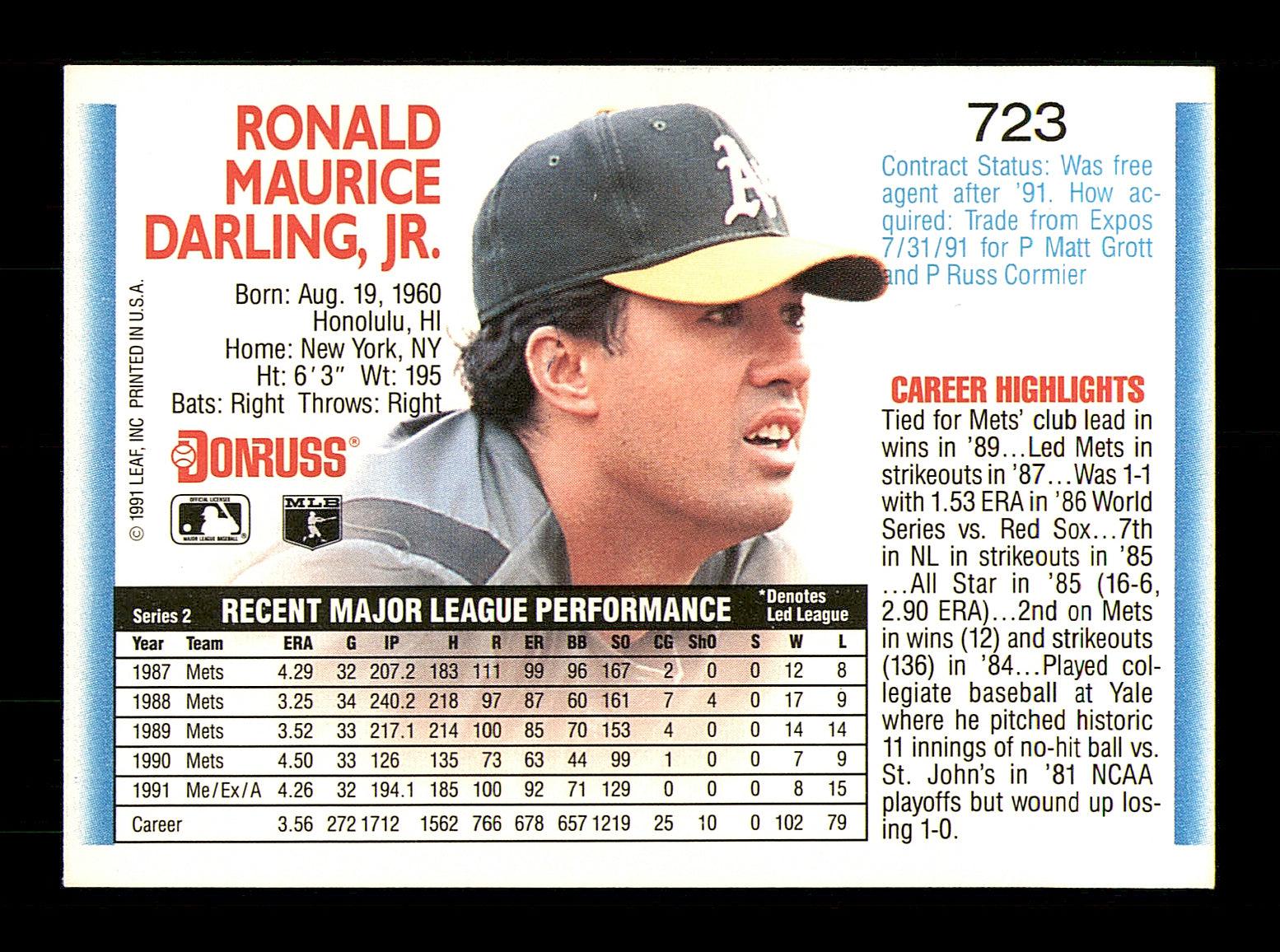 Ron Darling Autographed 1992 Donruss Card #723 Oakland A's SKU #184582 - Image 2