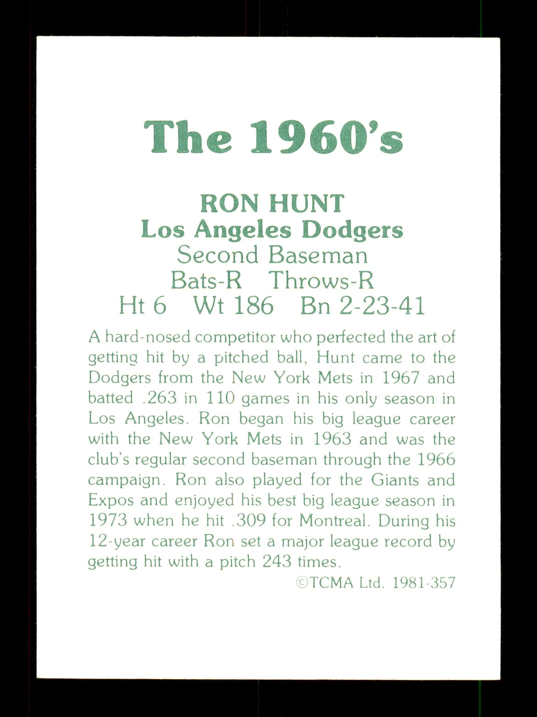 Ron Hunt Autographed 1981 TCMA Card #357 Los Angeles Dodgers SKU #171620 - Image 2